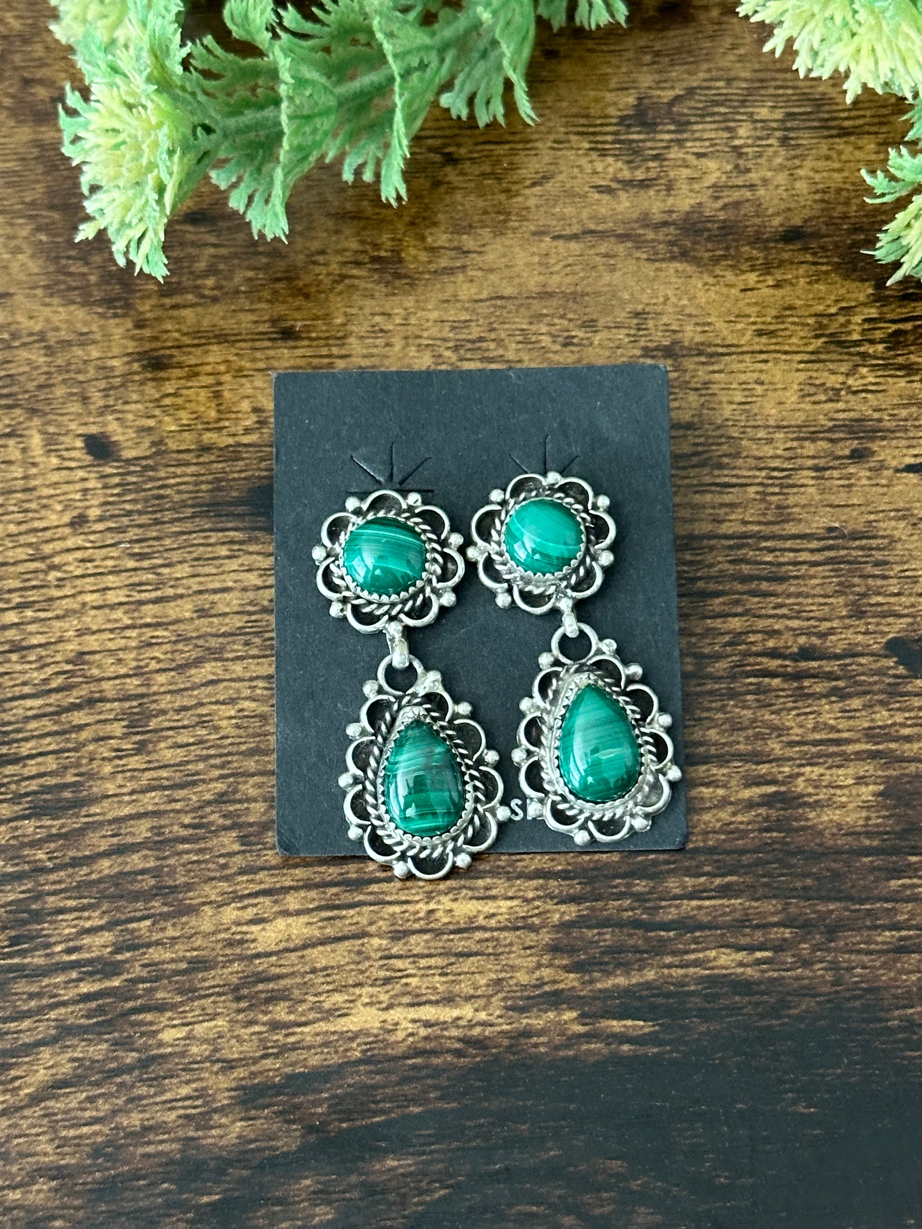 Navajo Handmade Malachite & Sterling Silver Dangle Earrings