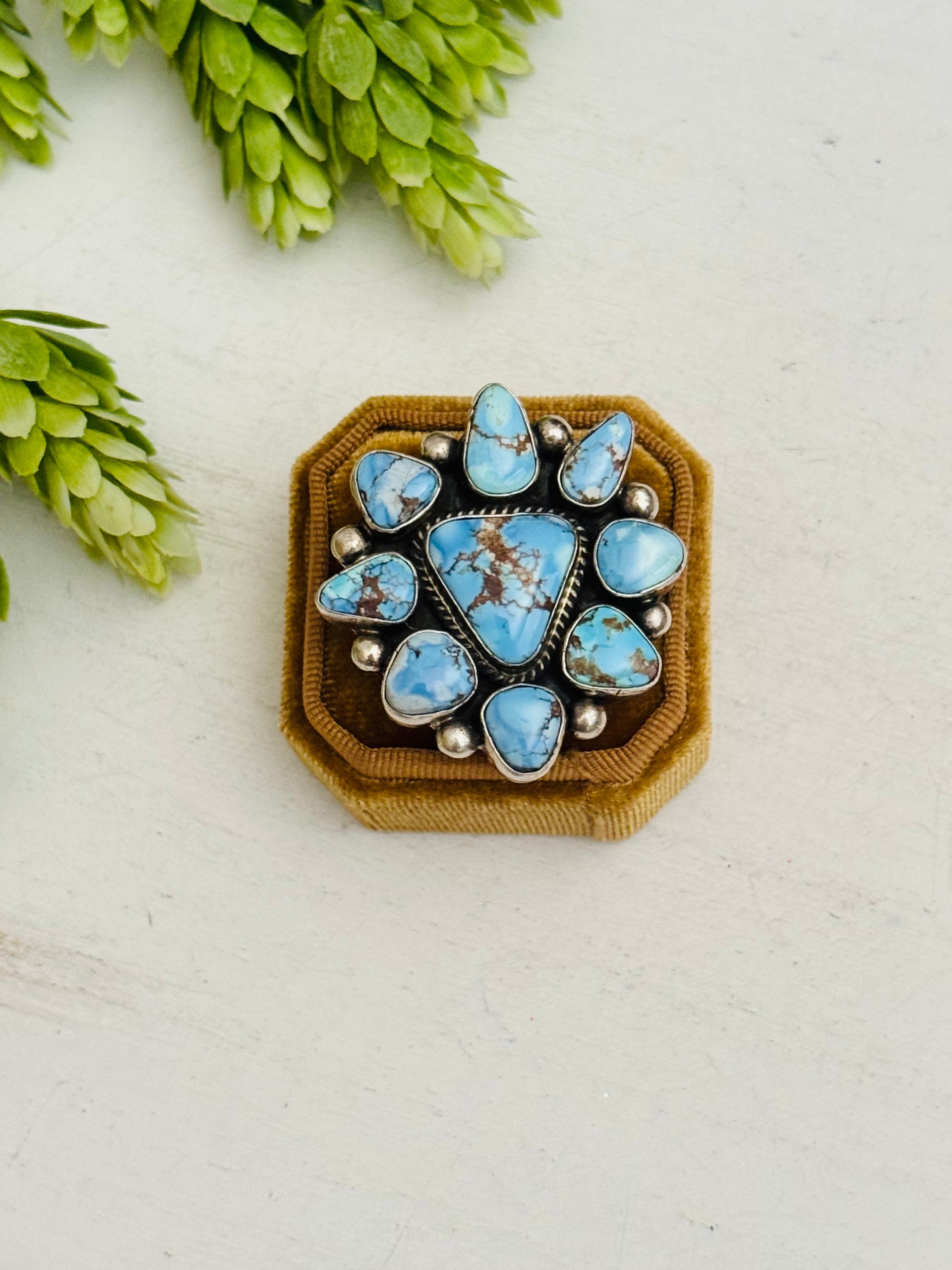 Navajo Made Golden Hills Turquoise & Sterling Silver Cluster Ring Size 7.5