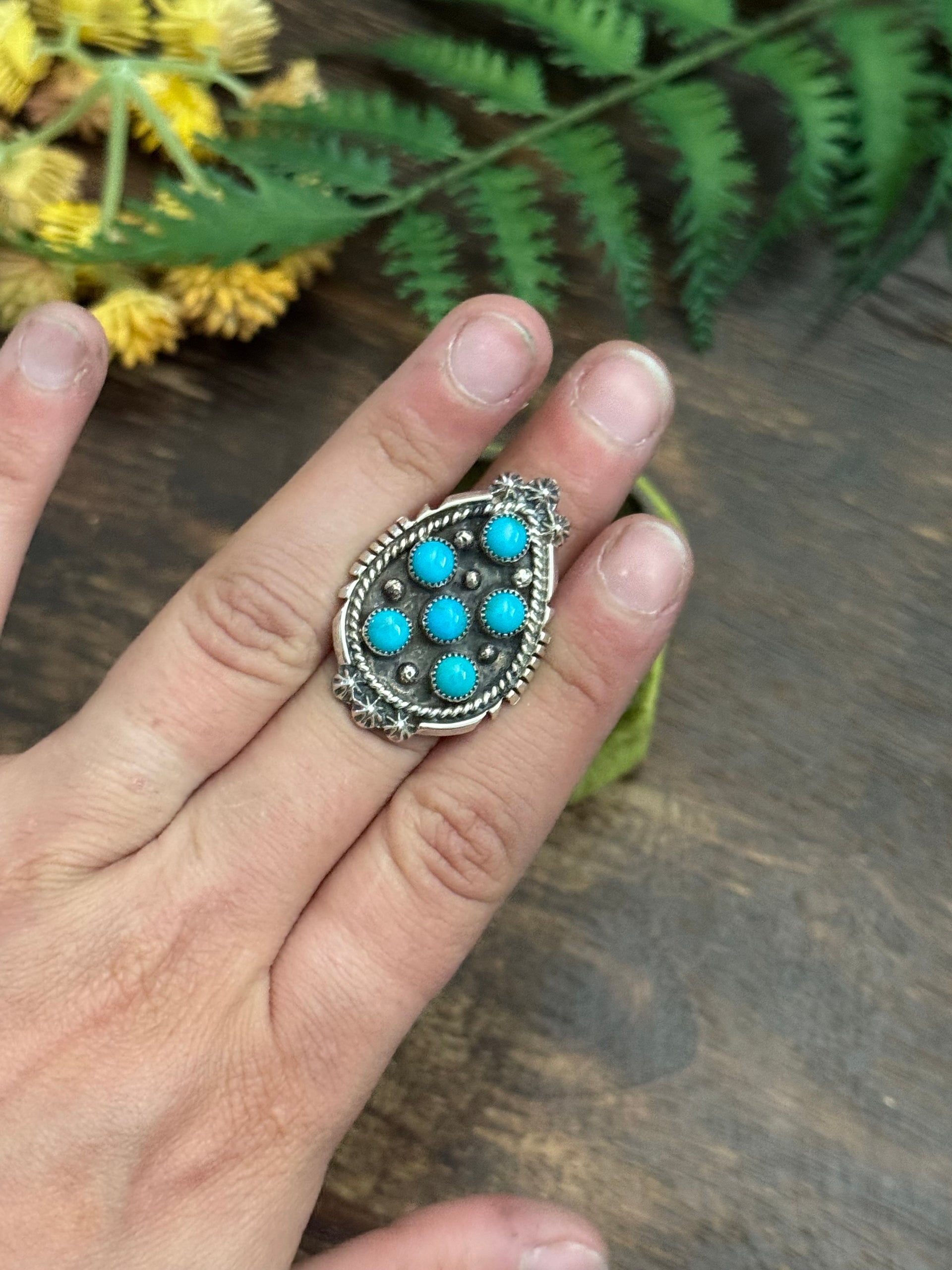 Kenny Lonjose Kingman Turquoise & Sterling Sliver Cluster Ring