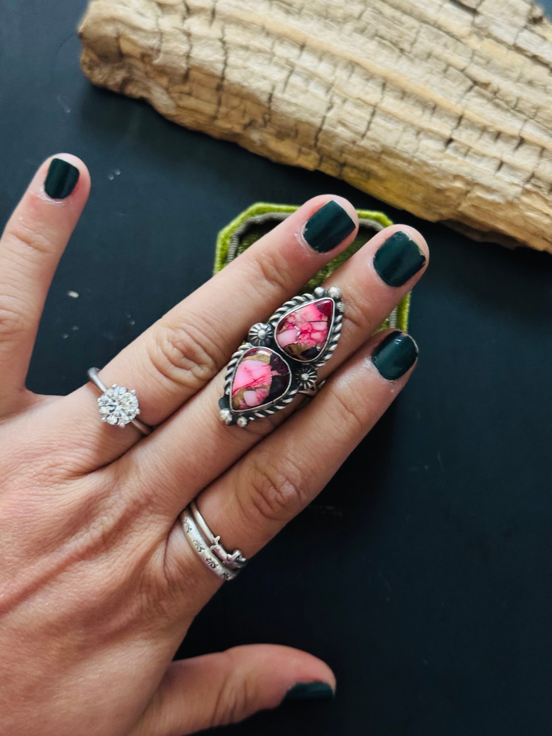 Robert Shakey Rose Dahlia Composite & Sterling Silver Ring Size 6.75