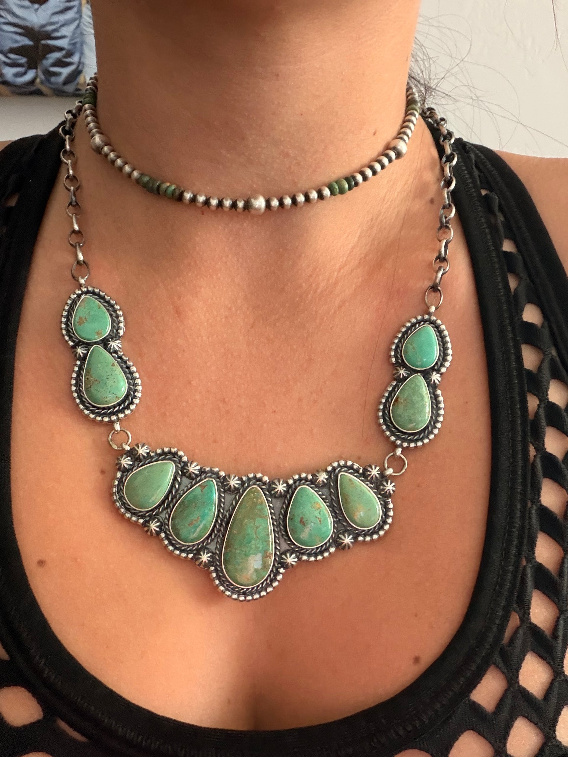 Fred Francis Kingman Turquoise  & Sterling Silver Bar Cluster Necklace Set