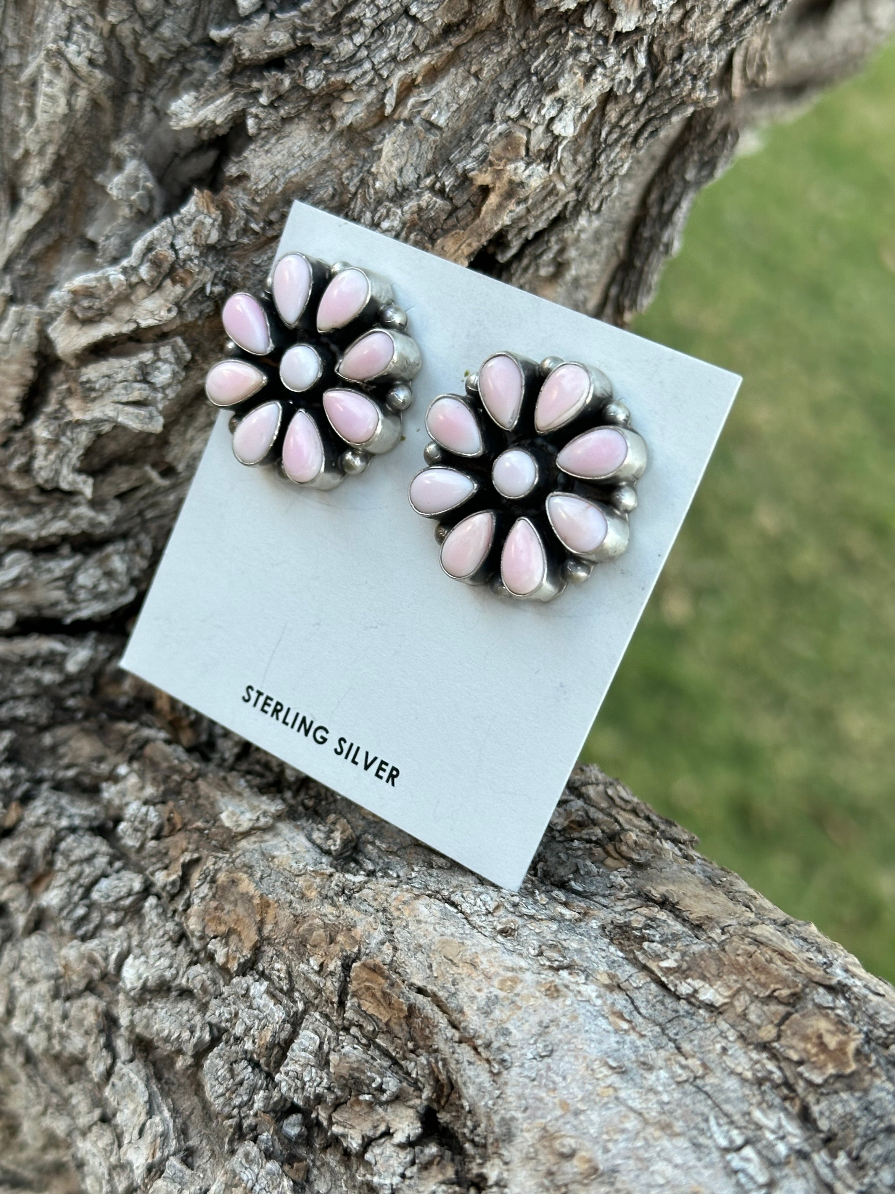 Navajo Handmade Pink Conch & Sterling Silver Post Earrings