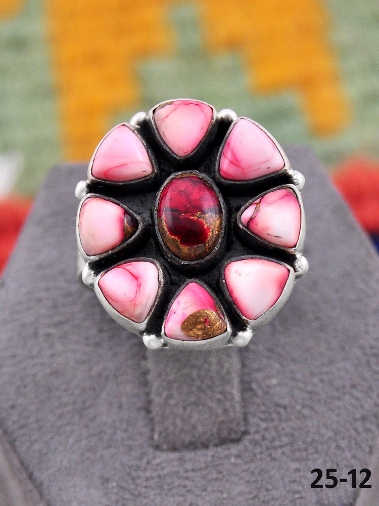 Southwest Made Rose Dahlia & Sterling Silver Adjustable Ring