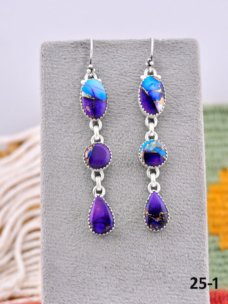 Southwest Made Purple Dahlia & Sterling Silver Hook Dangle  Earrings