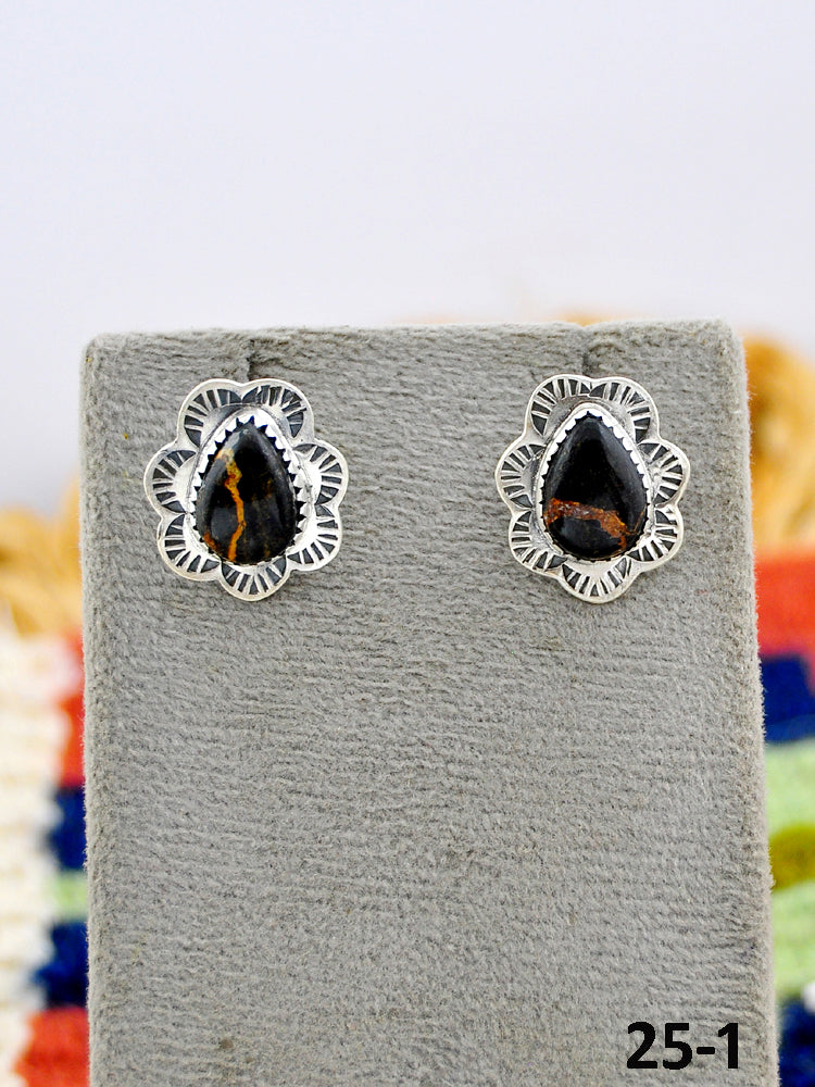 Southwest Made Black Jack Turquoise & Sterling Silver Post Studs Earrings