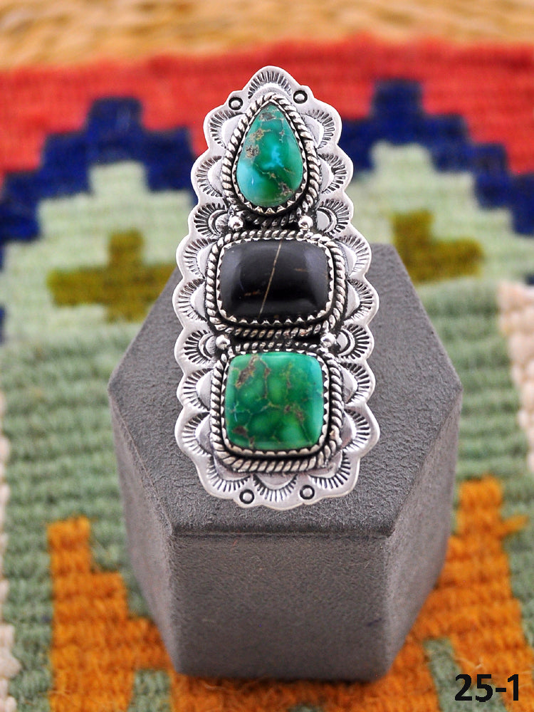 Southwest Handmade Black Jack Turquoise with Emerald Valley & Sterling Silver Adjustable Ring