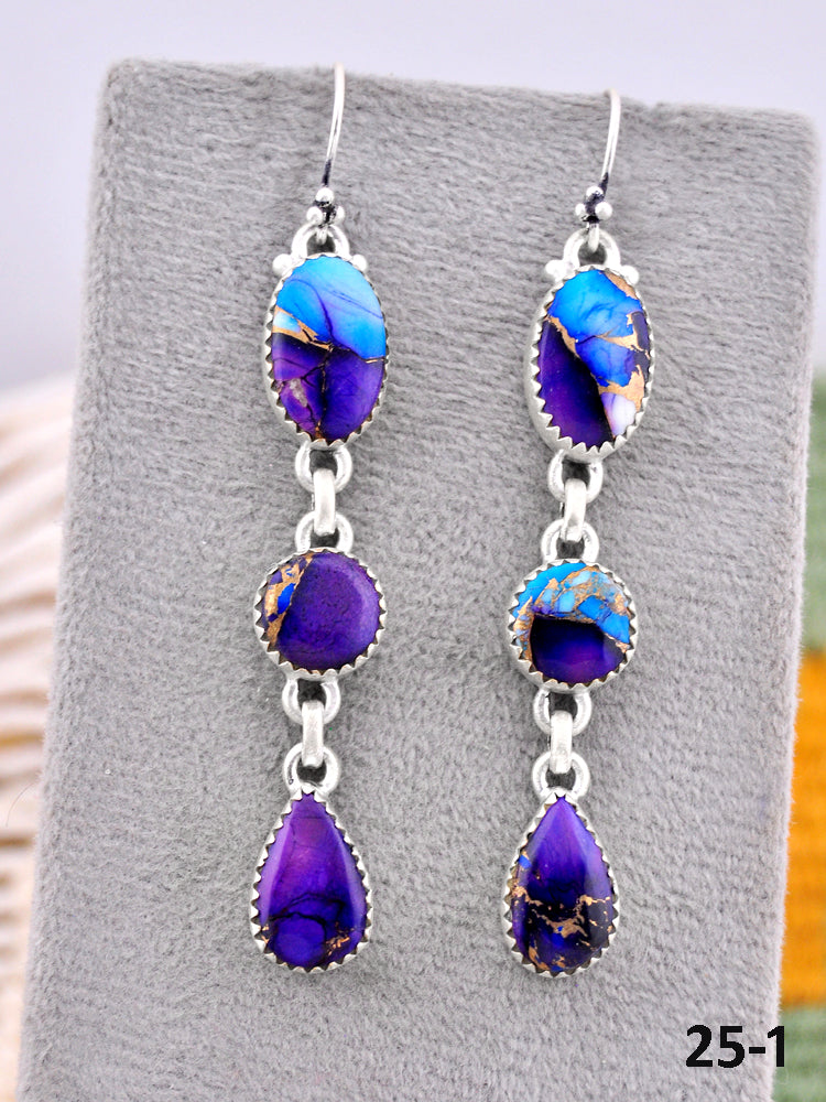 Southwest Made Purple Dahlia & Sterling Silver Hook Dangle  Earrings