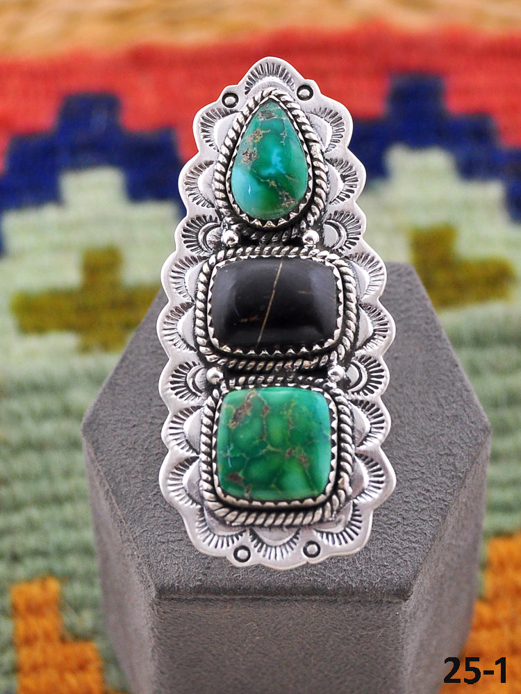 Southwest Handmade Black Jack Turquoise with Emerald Valley & Sterling Silver Adjustable Ring