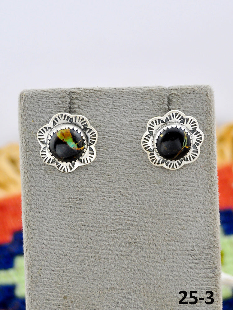 Southwest Made Black Jack Turquoise & Sterling Silver Post Studs Earrings