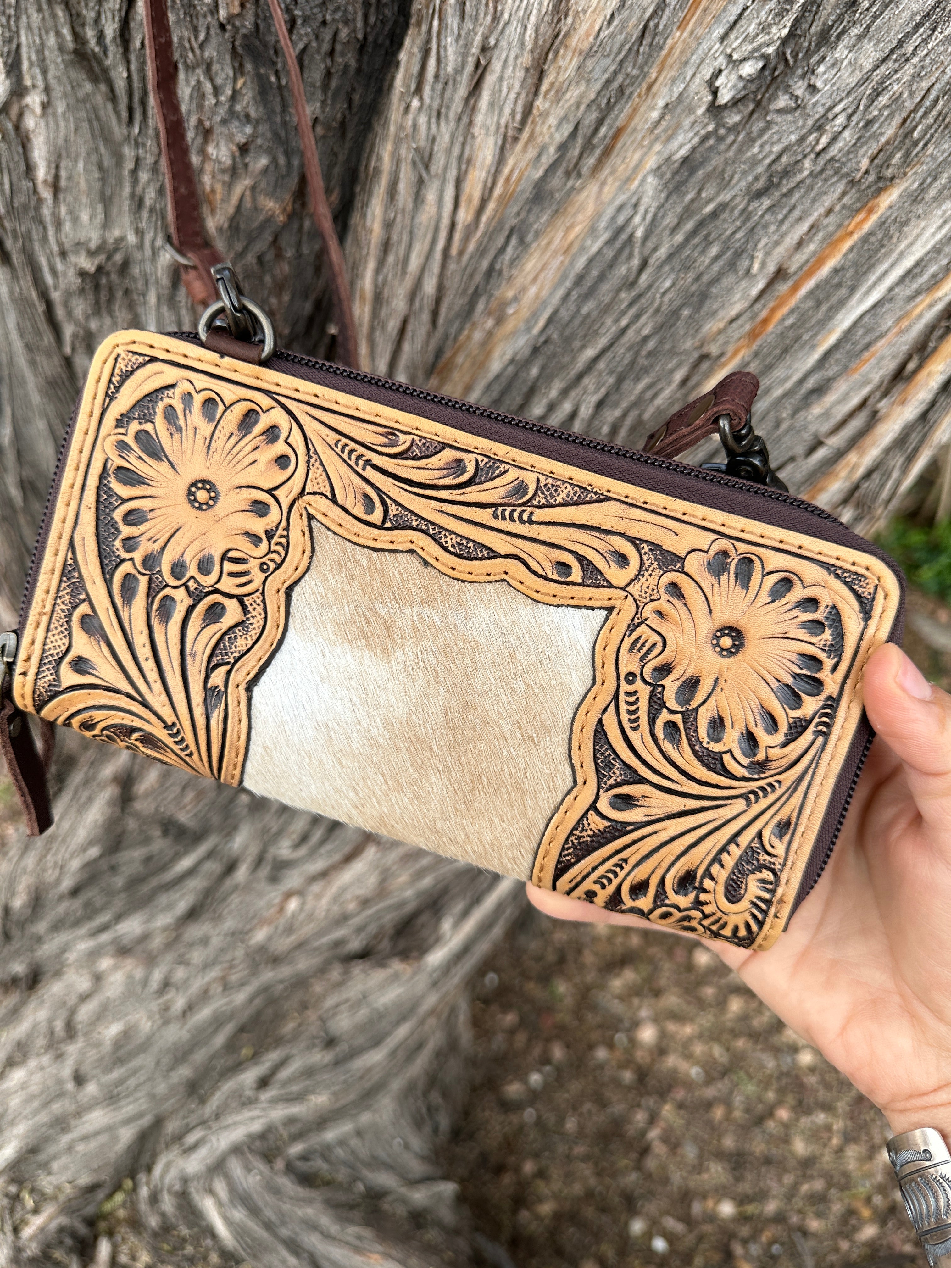 Genuine Tooled Leather & Cowhide Wallet Purse