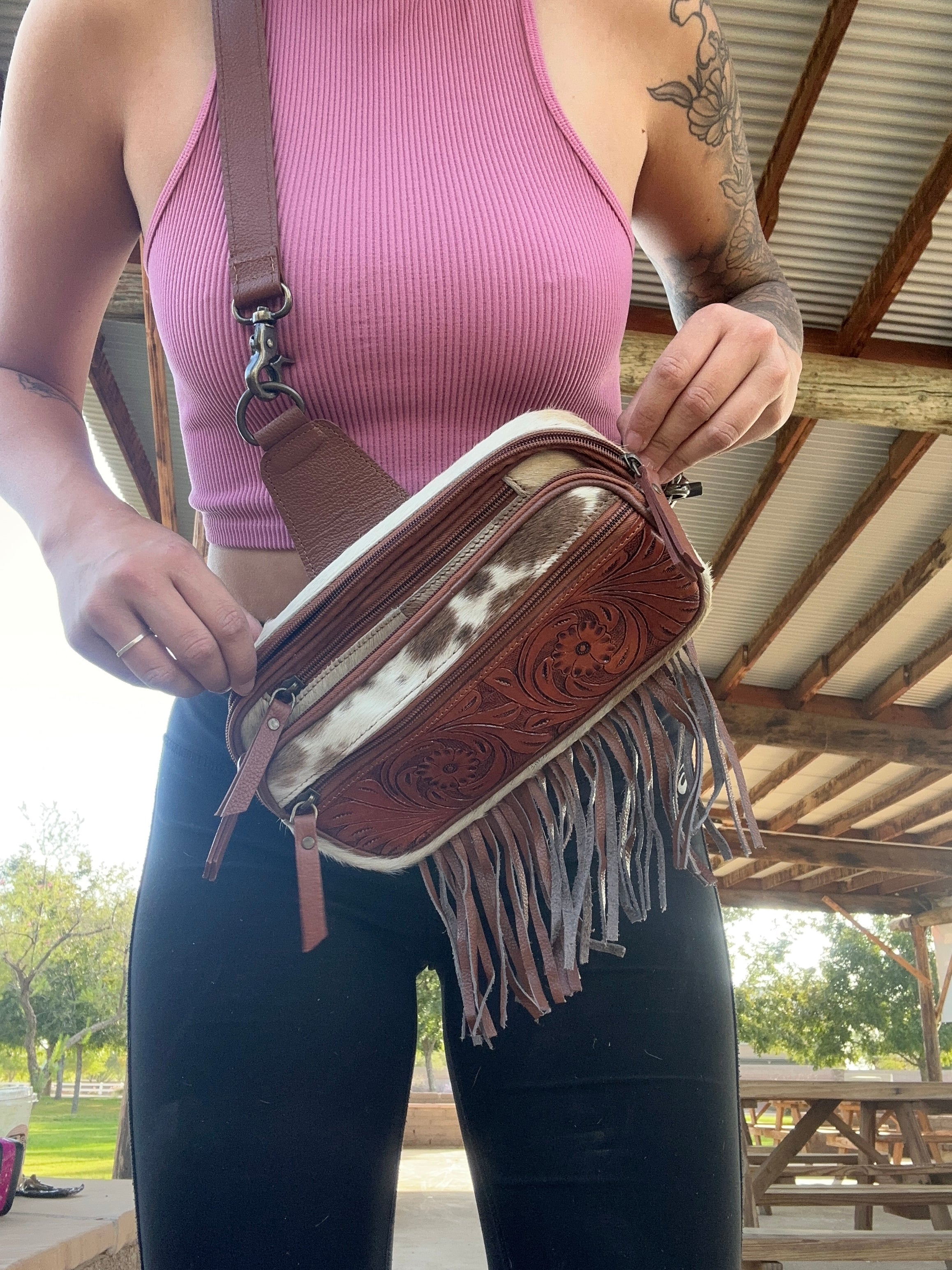 Genuine Tooled Leather Cowhide Cross Body