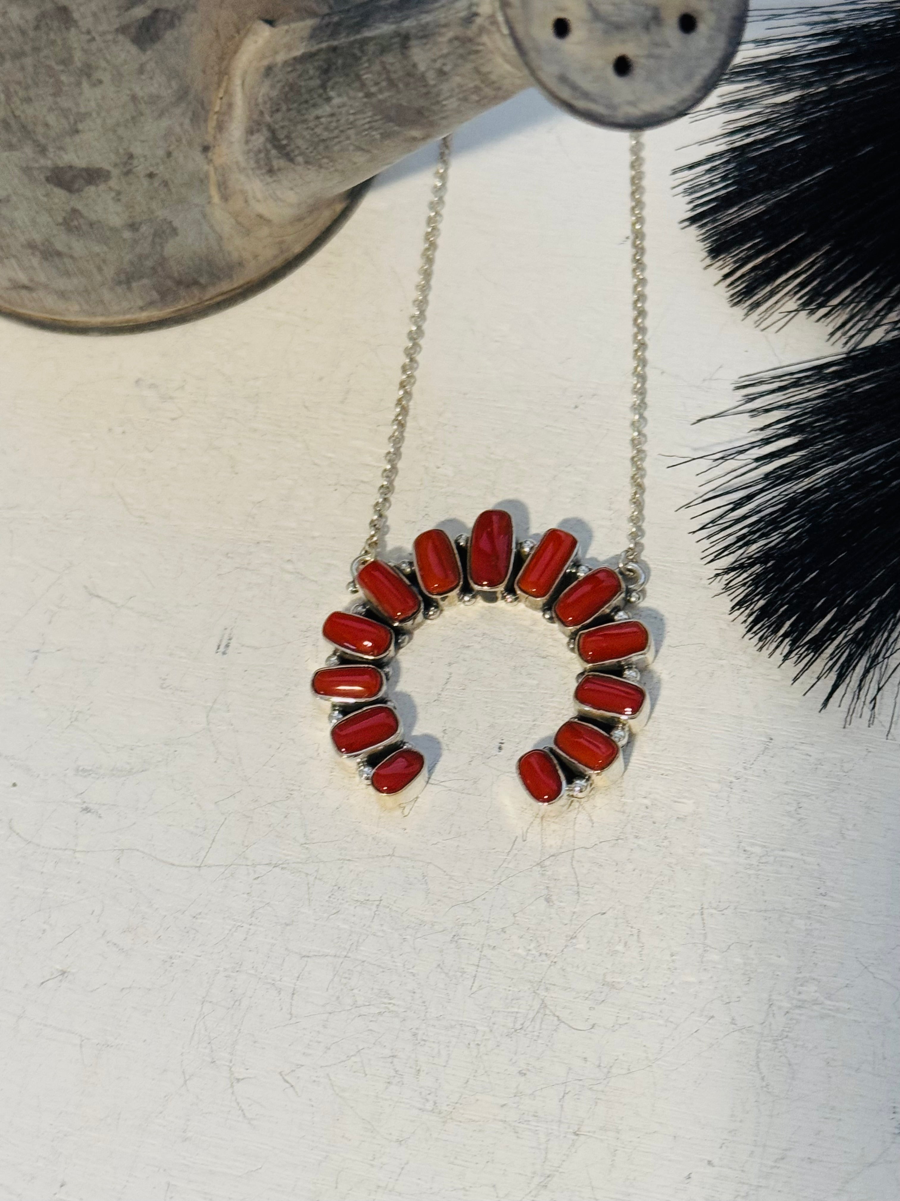 Southwest Handmade Coral & Sterling Silver Naja Necklace