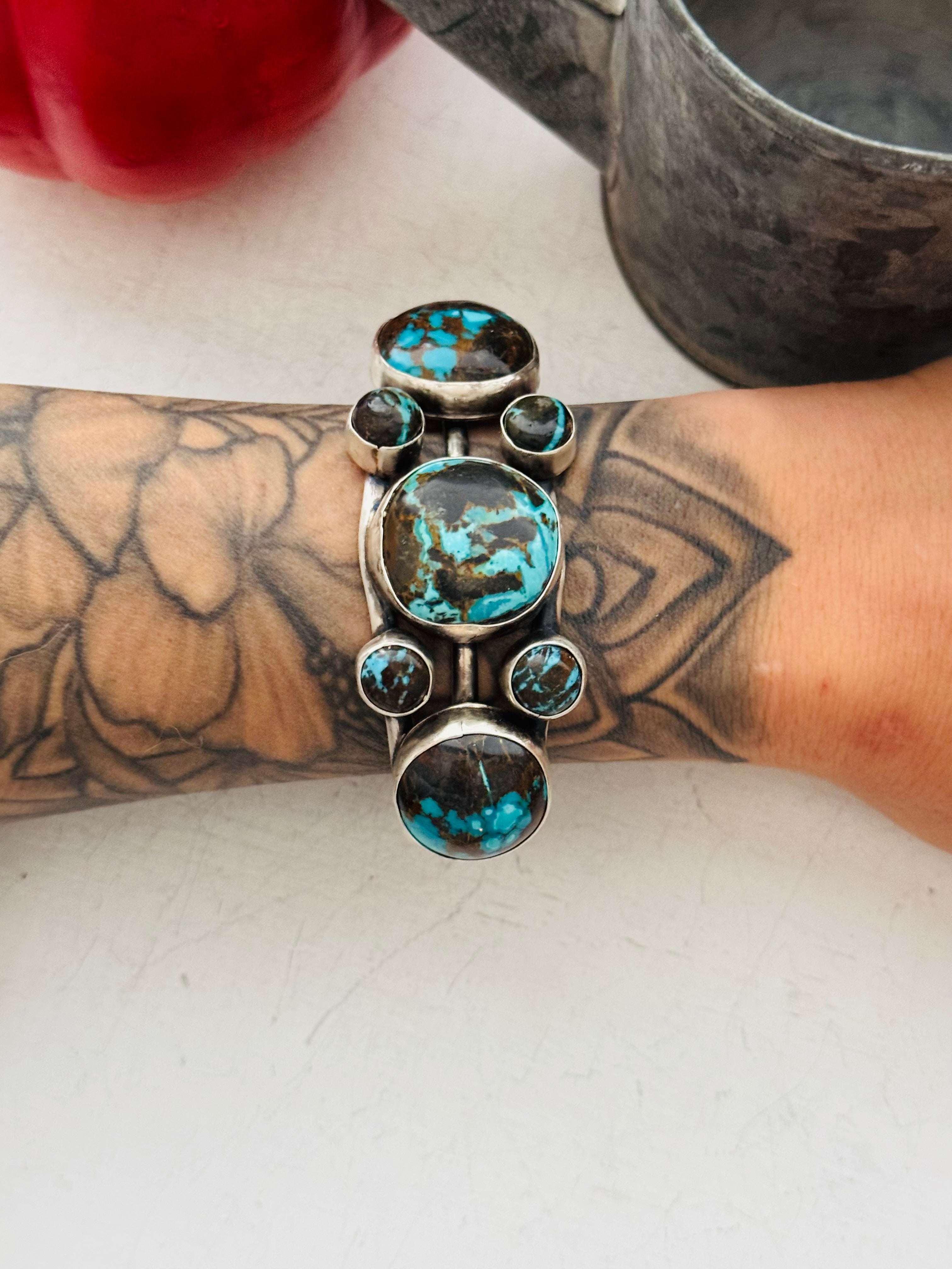 Bobby Johnson Blue Moon Turquoise & Sterling Silver Cluster Cuff Bracelet