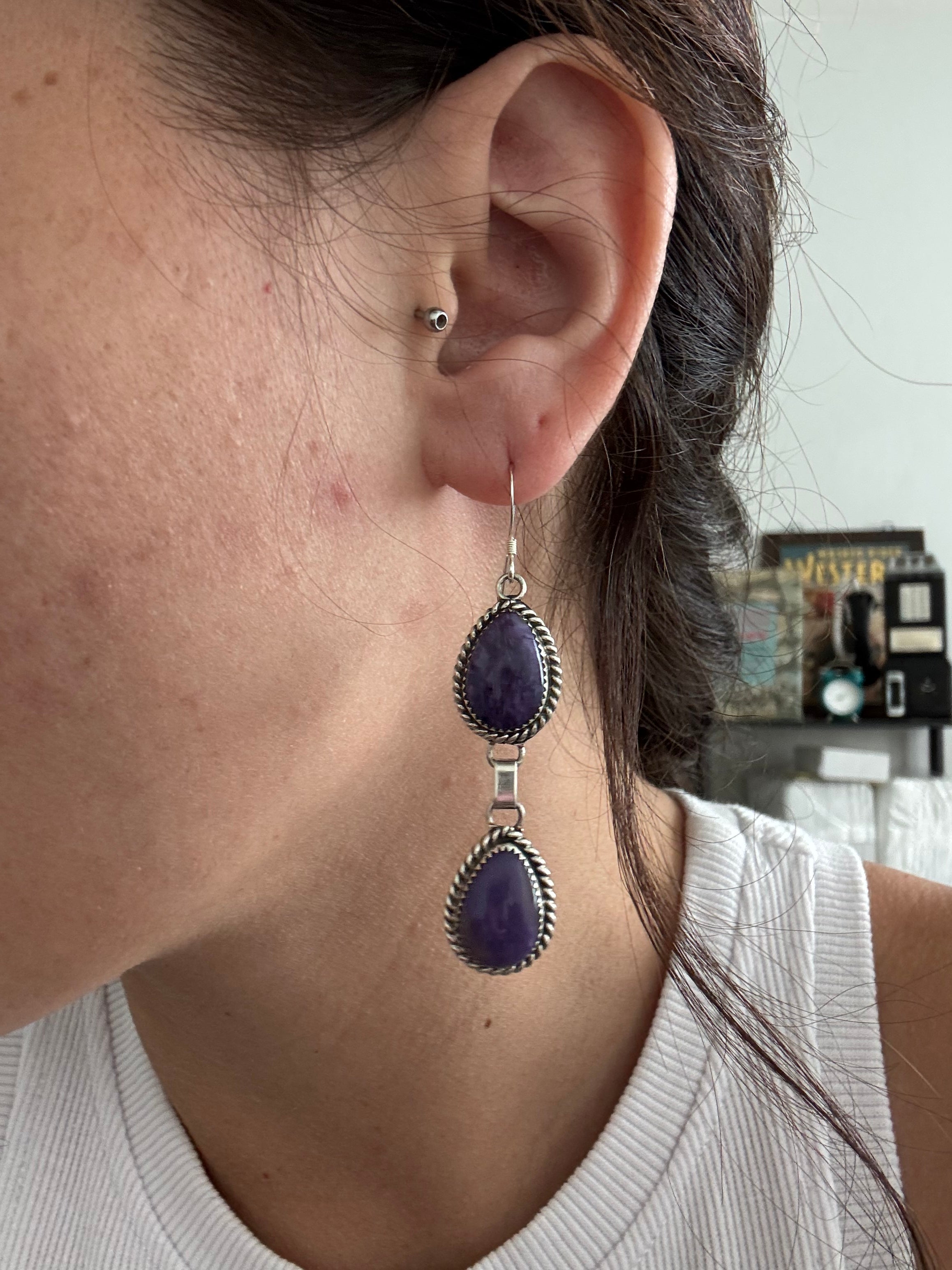 Navajo Charoite & Sterling Silver Dangle Earrings