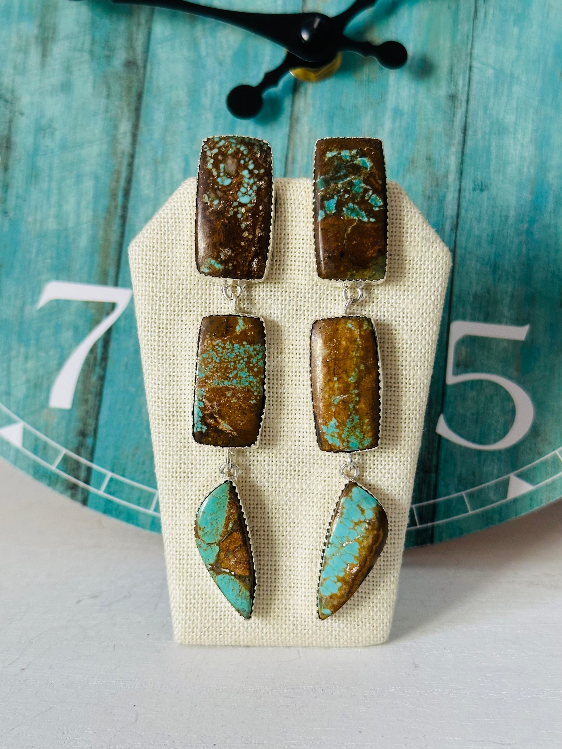Southwest Made Number 8 Turquoise & Sterling Silver Post Dangle Earrings
