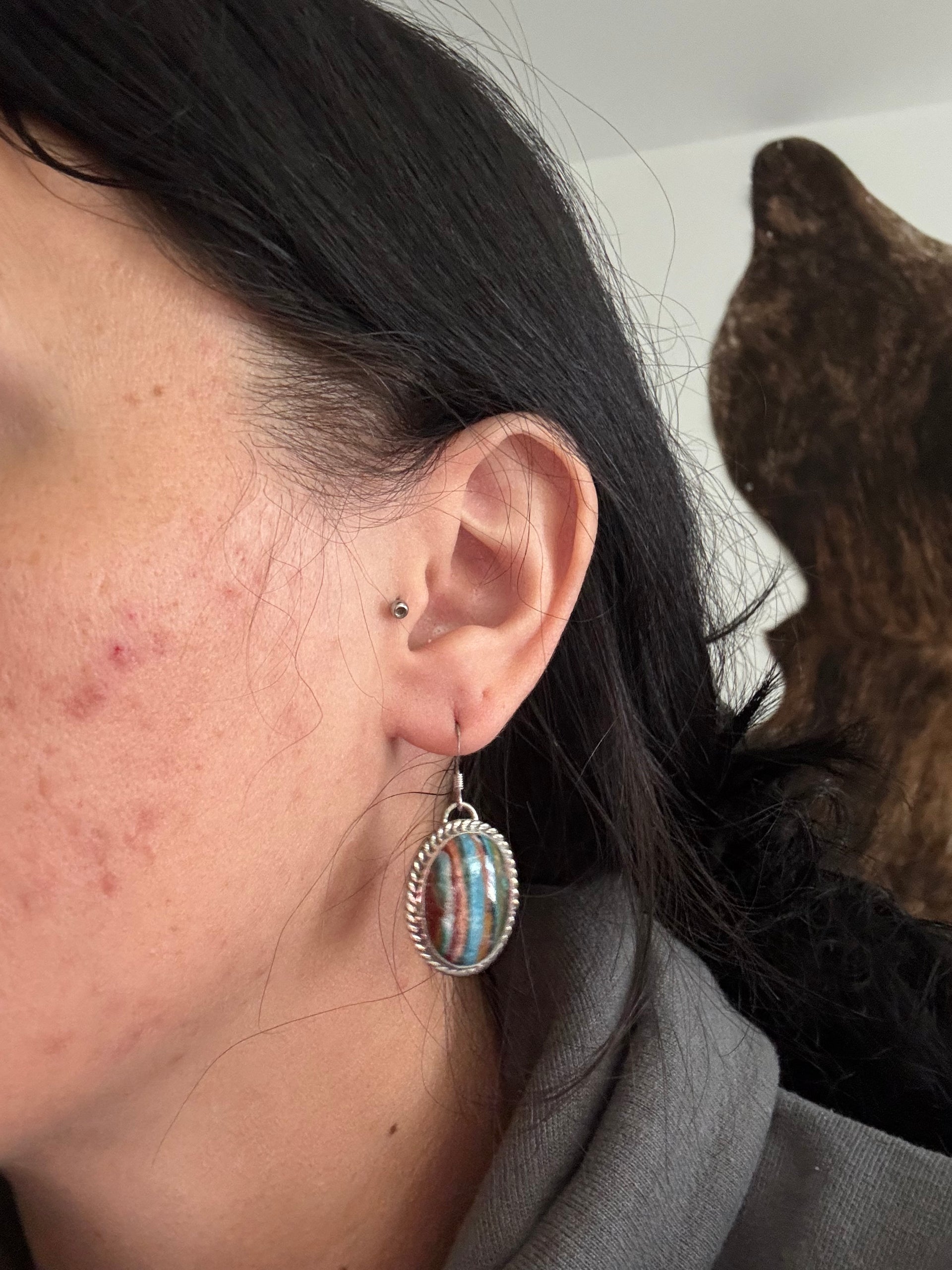 Navajo Made Rainbow Obsidian & Sterling Silver Dangle Earrings