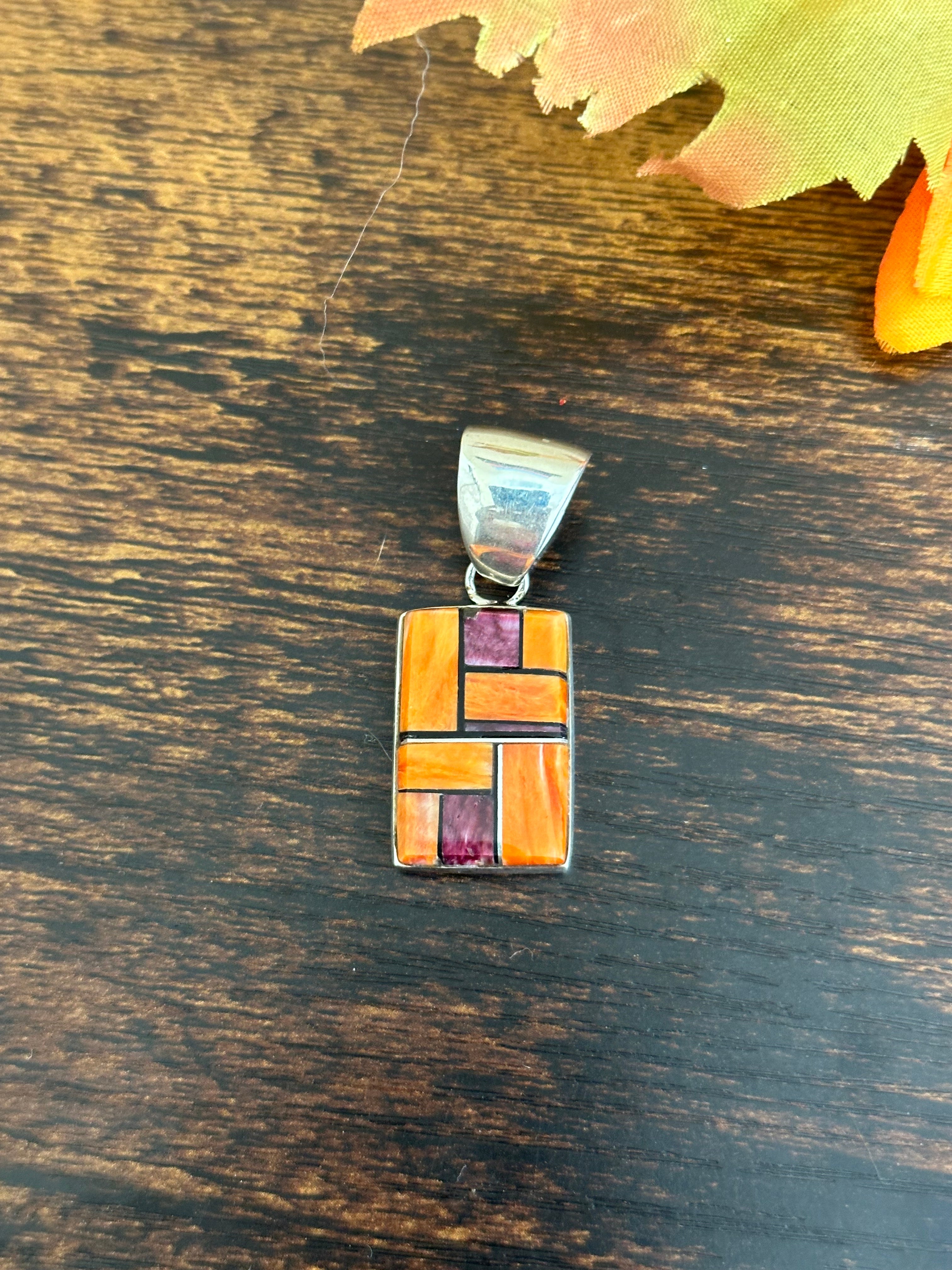 Navajo Made Multi Stone & Sterling Silver Inlay Pendant