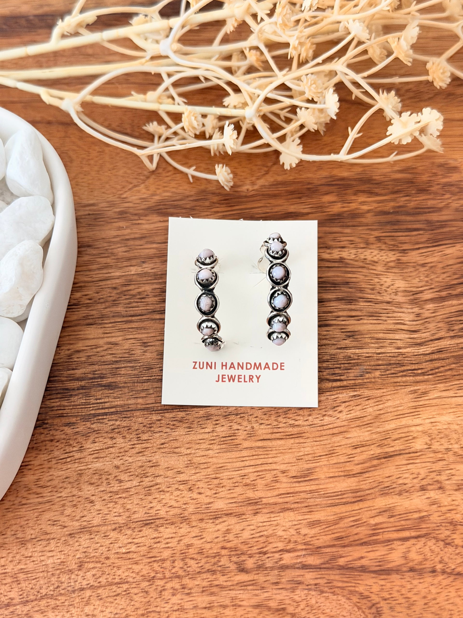 Zuni Made Pink Conch & Sterling Silver Post Hoop Earrings