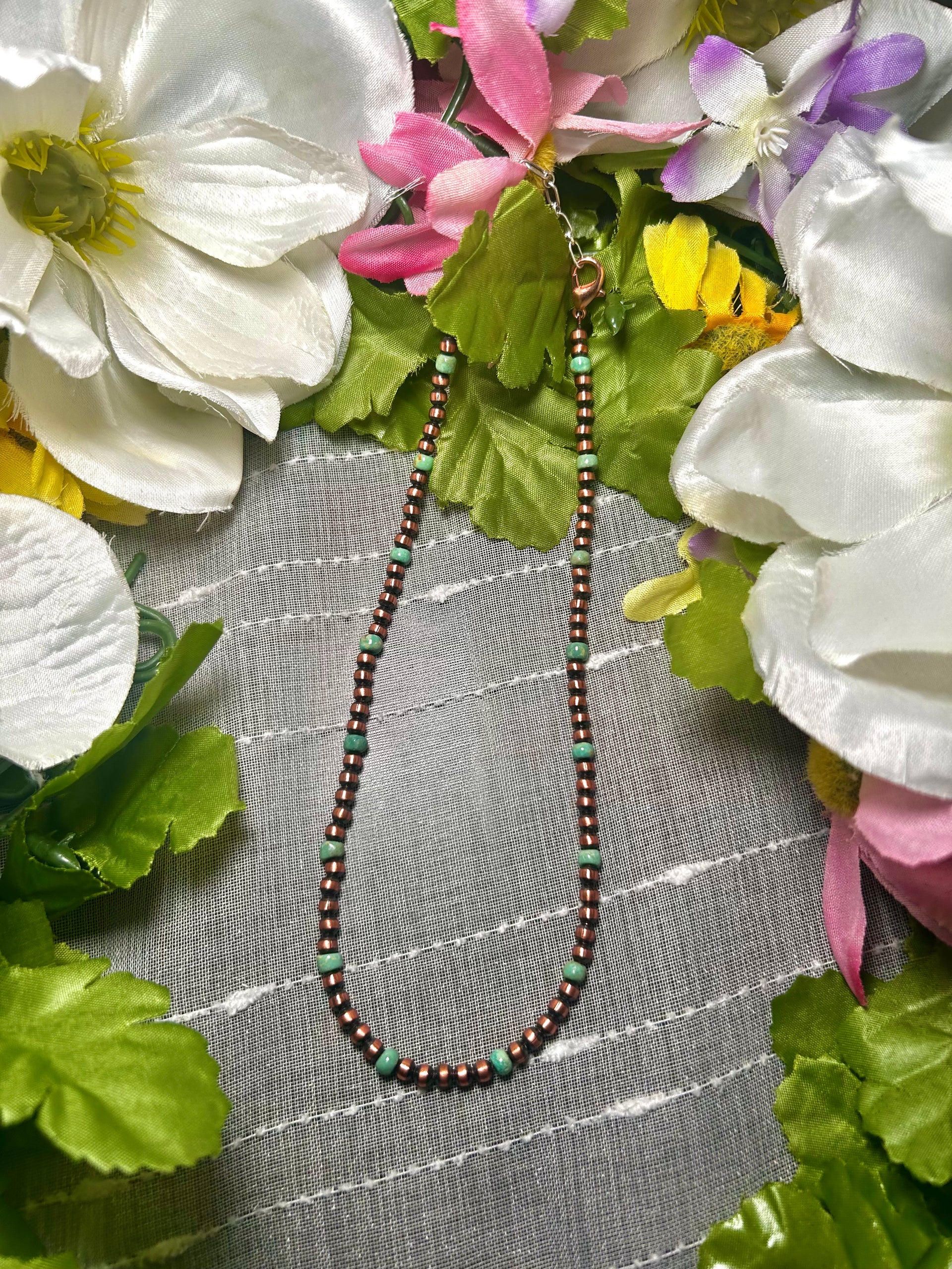 Navajo Made Strung Kingman Turquoise & Copper Necklace