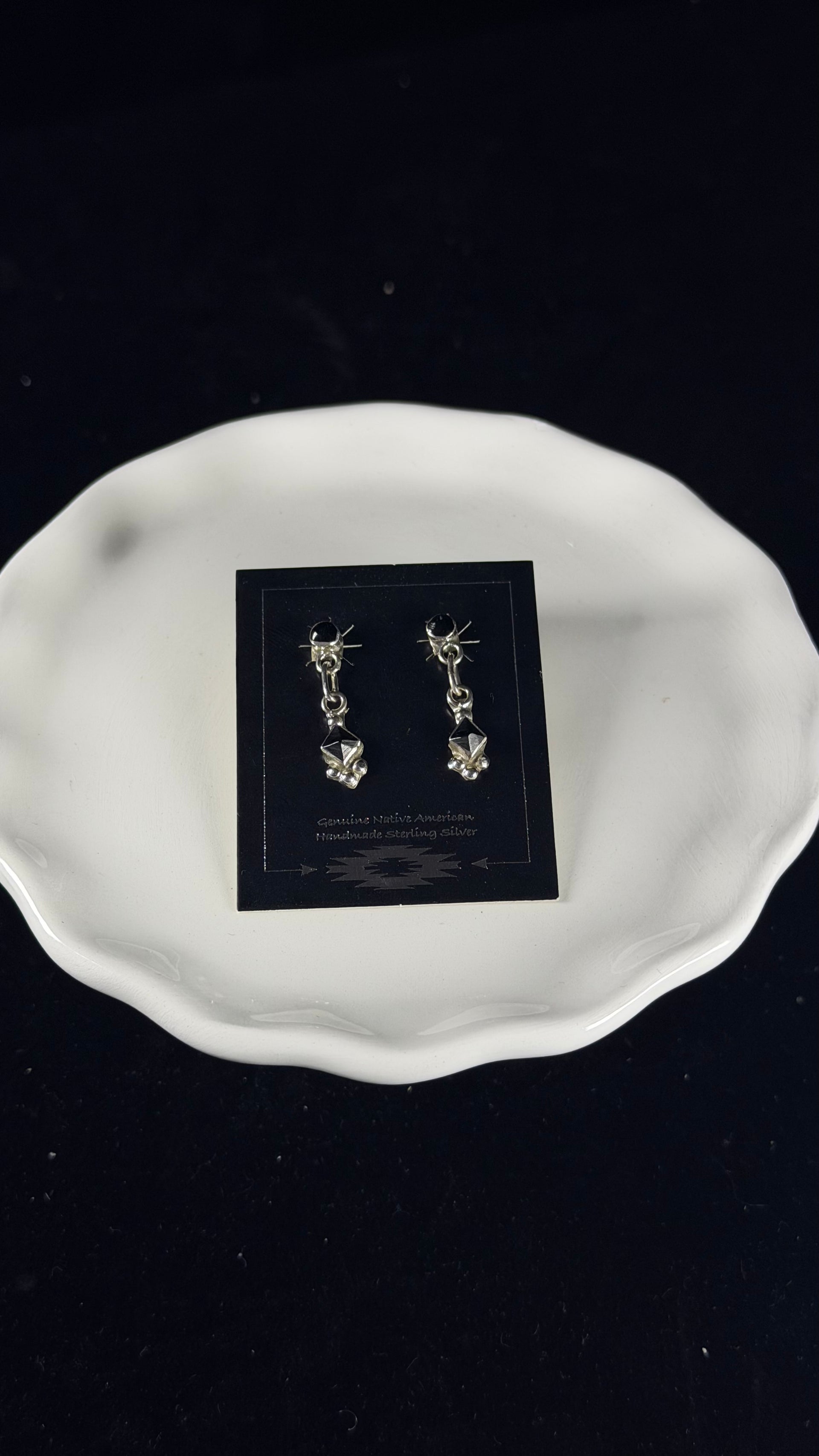 Navajo Made Onyx & Sterling Silver Post Dangle Earrings