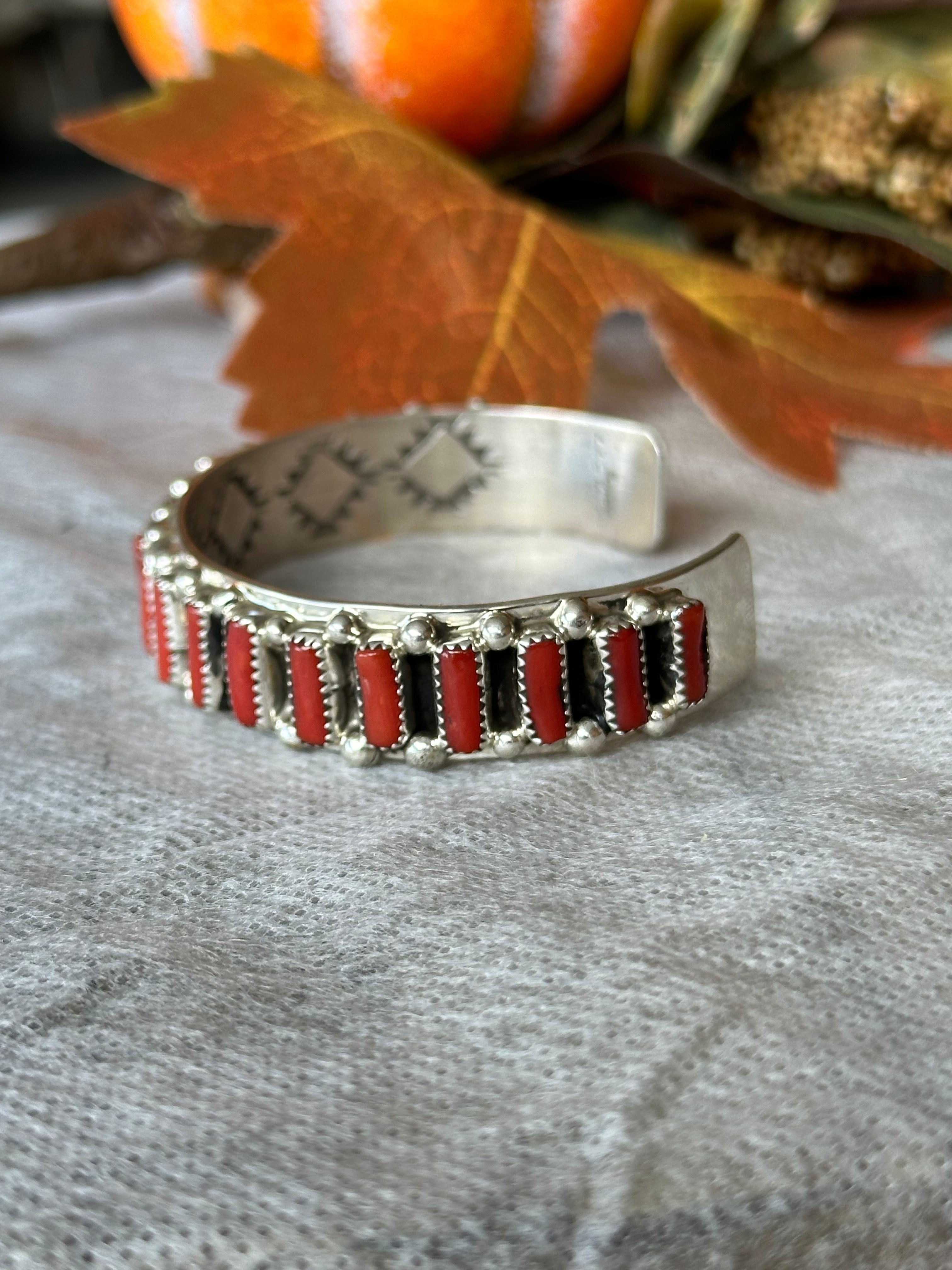 Dovlene Begay Red Coral & Sterling Silver Cuff Bracelet