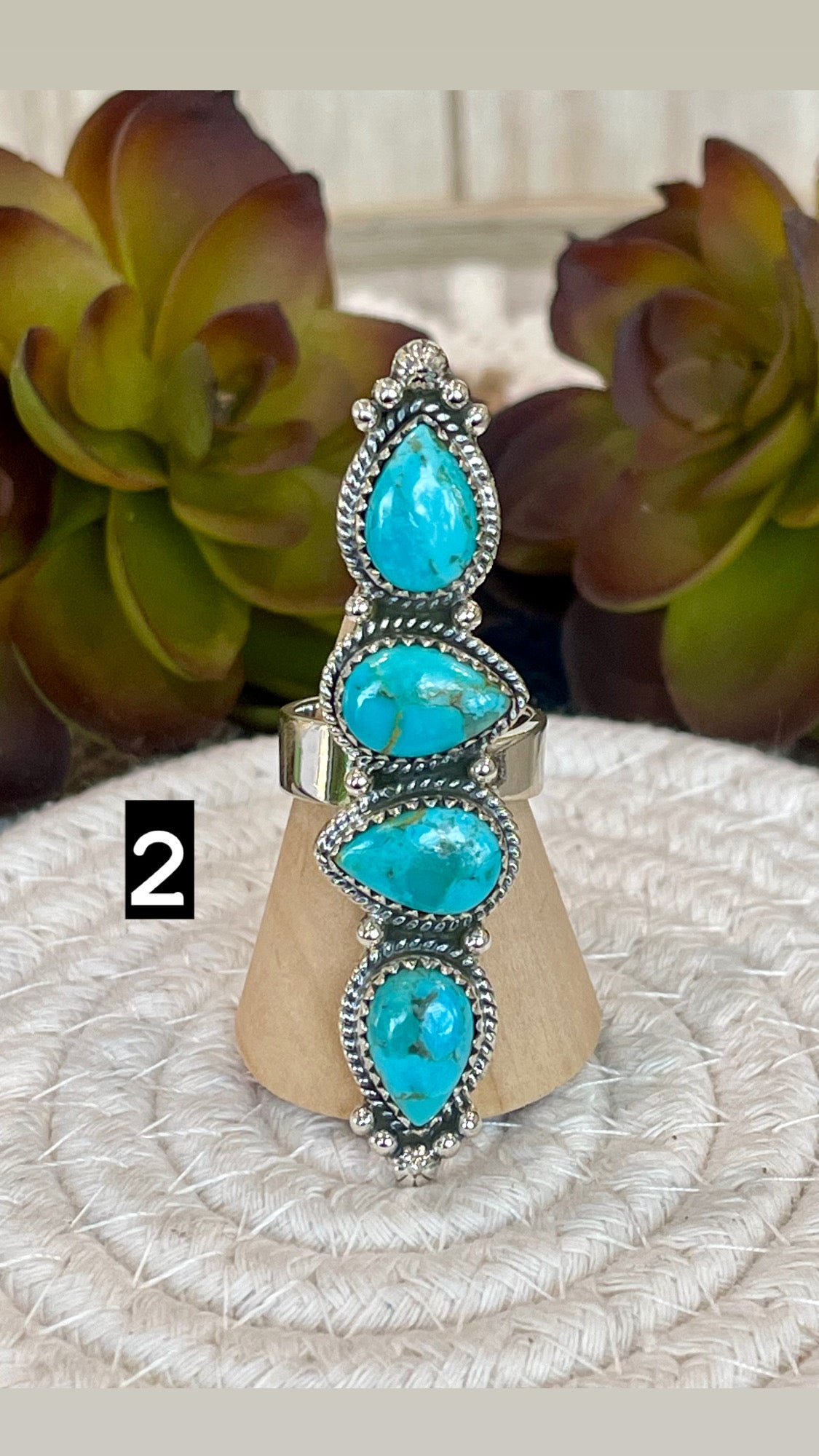 Southwest Handmade Kingman Turquoise & Sterling Silver Adjustable 4 Stone Ring