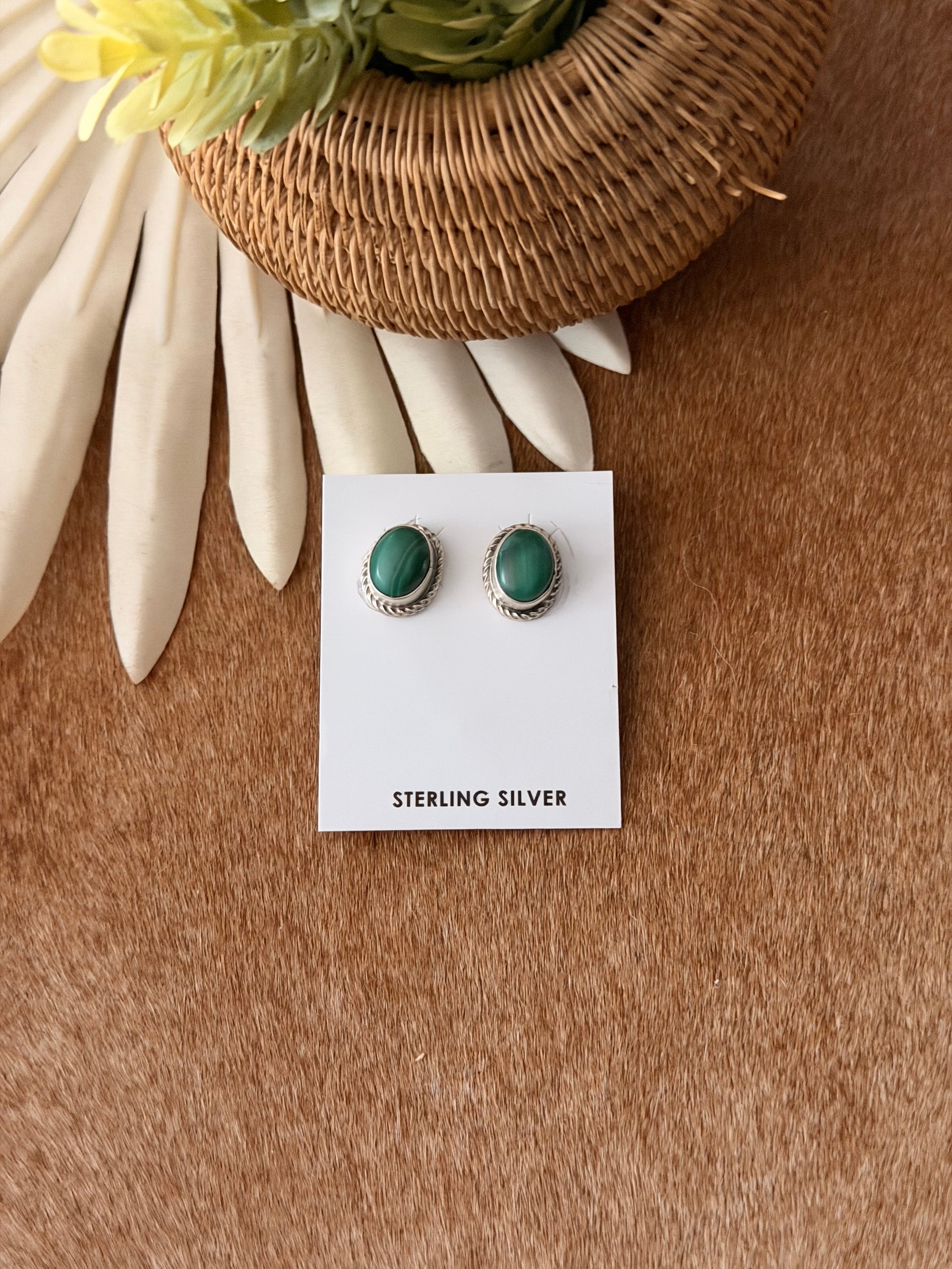 Navajo Handmade Malachite & Sterling Silver Post Earrings
