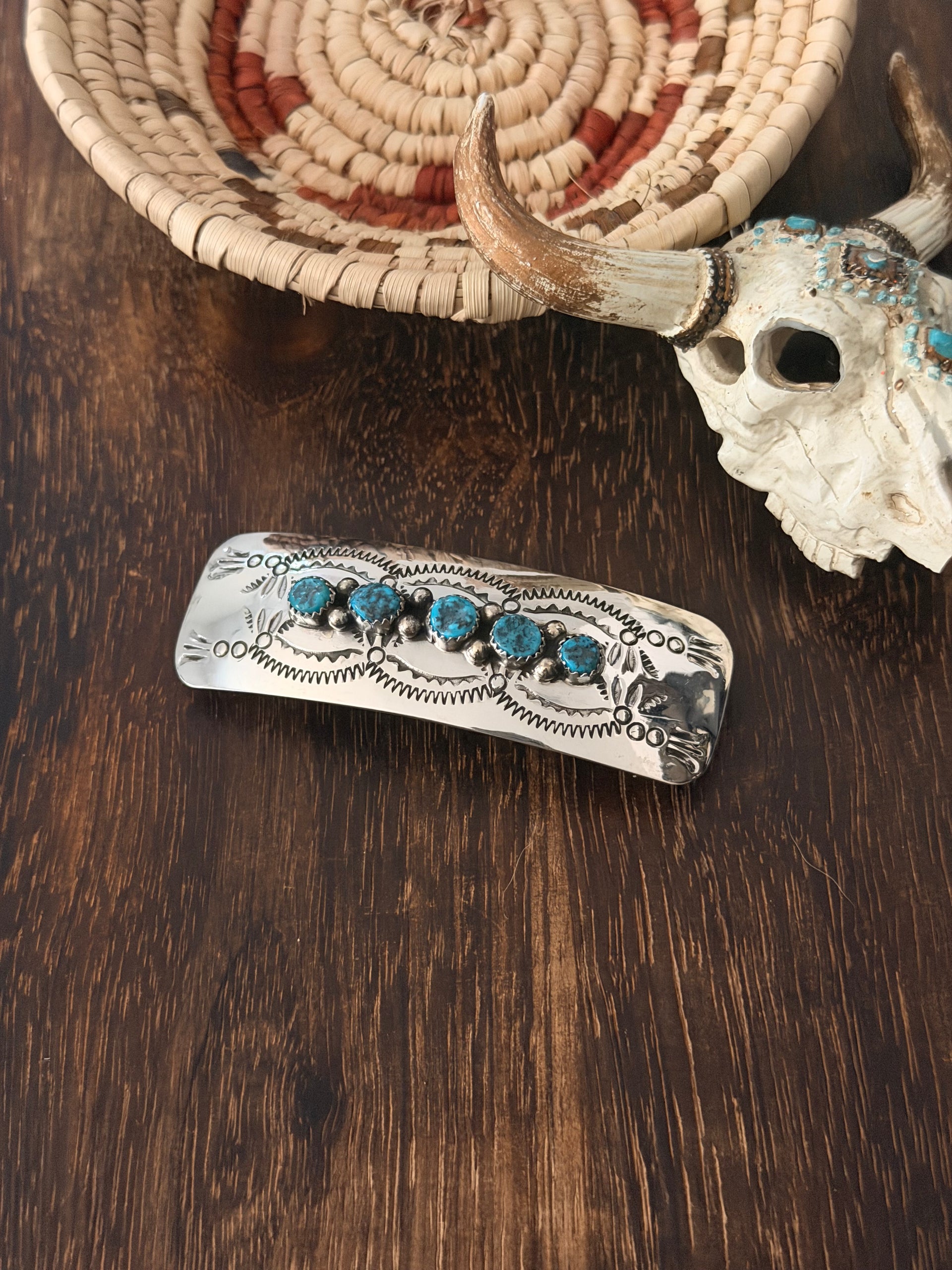 Navajo Made Kingman Turquoise & Sterling Silver Hair Barrette