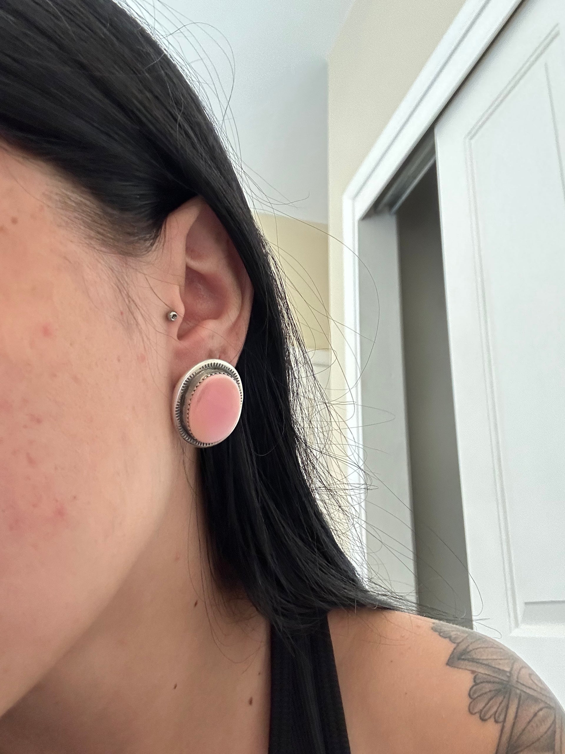 Navajo Made Pink Conch & Sterling Silver Post Earrings