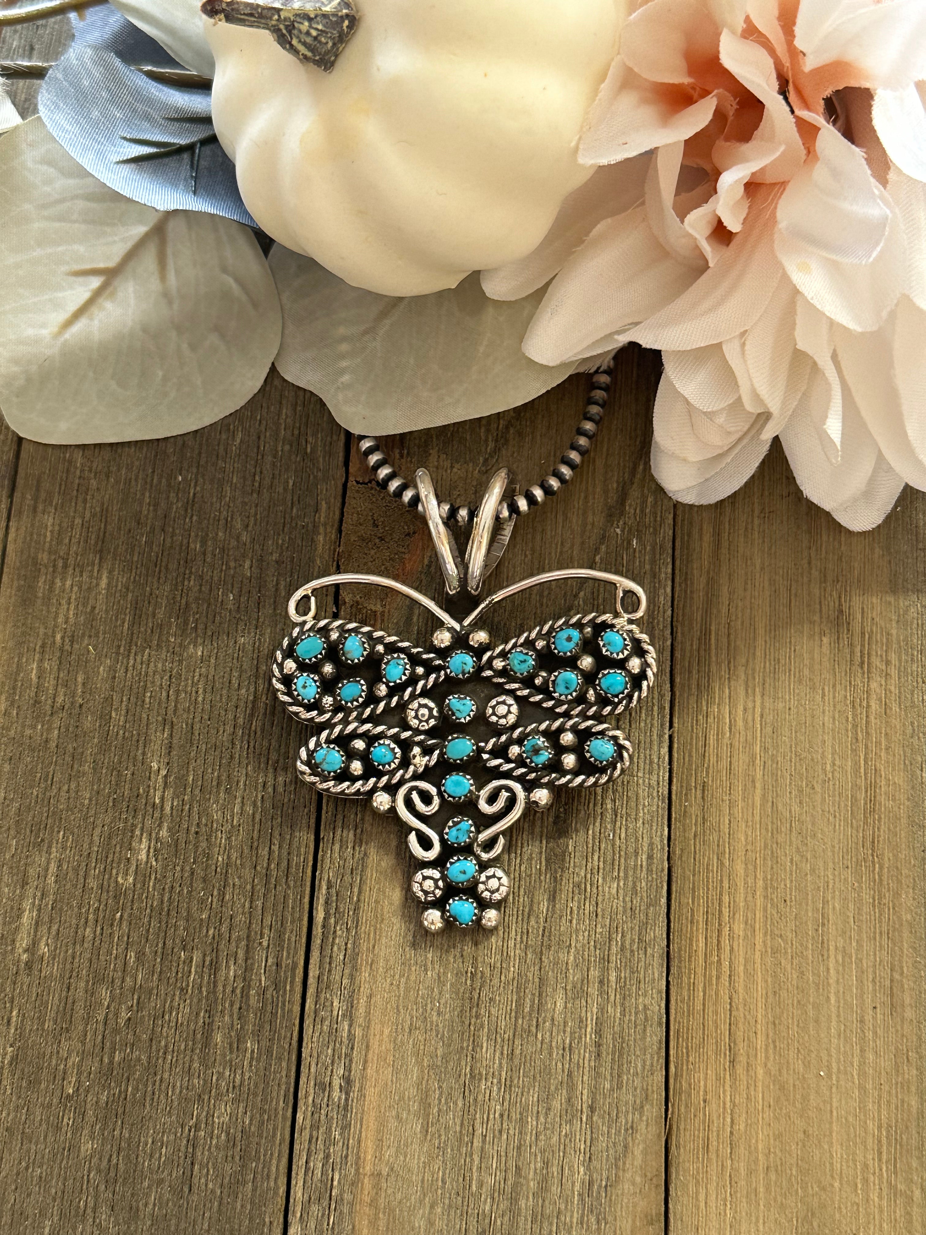 Navajo Made Kingman Turquoise & Sterling Silver Dragonfly Pendant