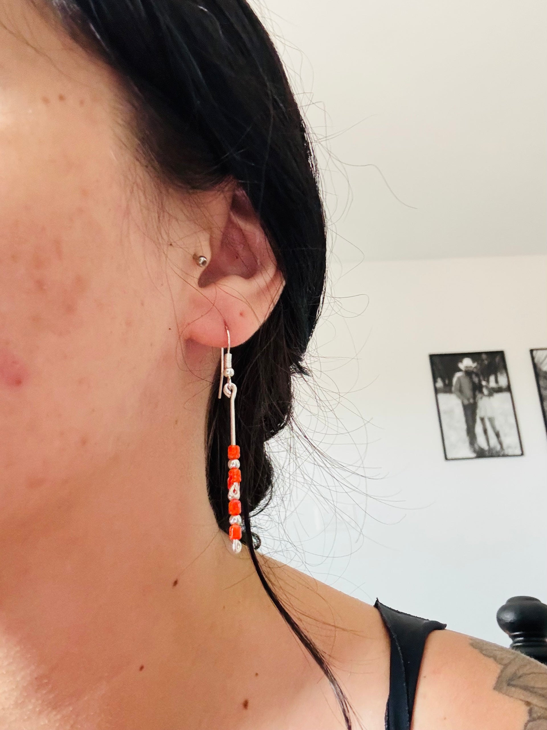 Navajo Made Orange Opal (Man Made) & Sterling Silver Dangle Earrings