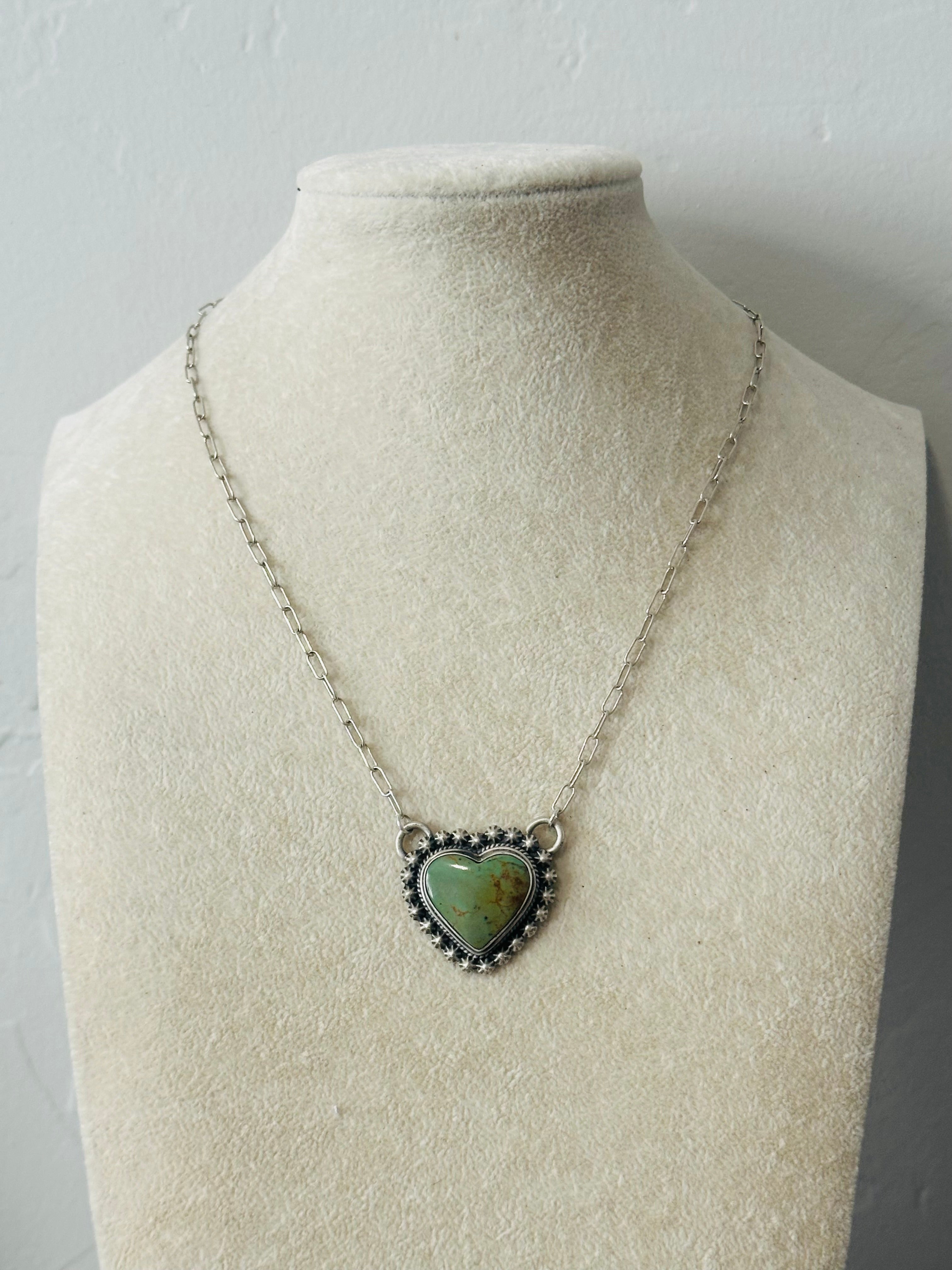 Navajo Made Kingman Turquoise & Sterling Silver Heart Necklace