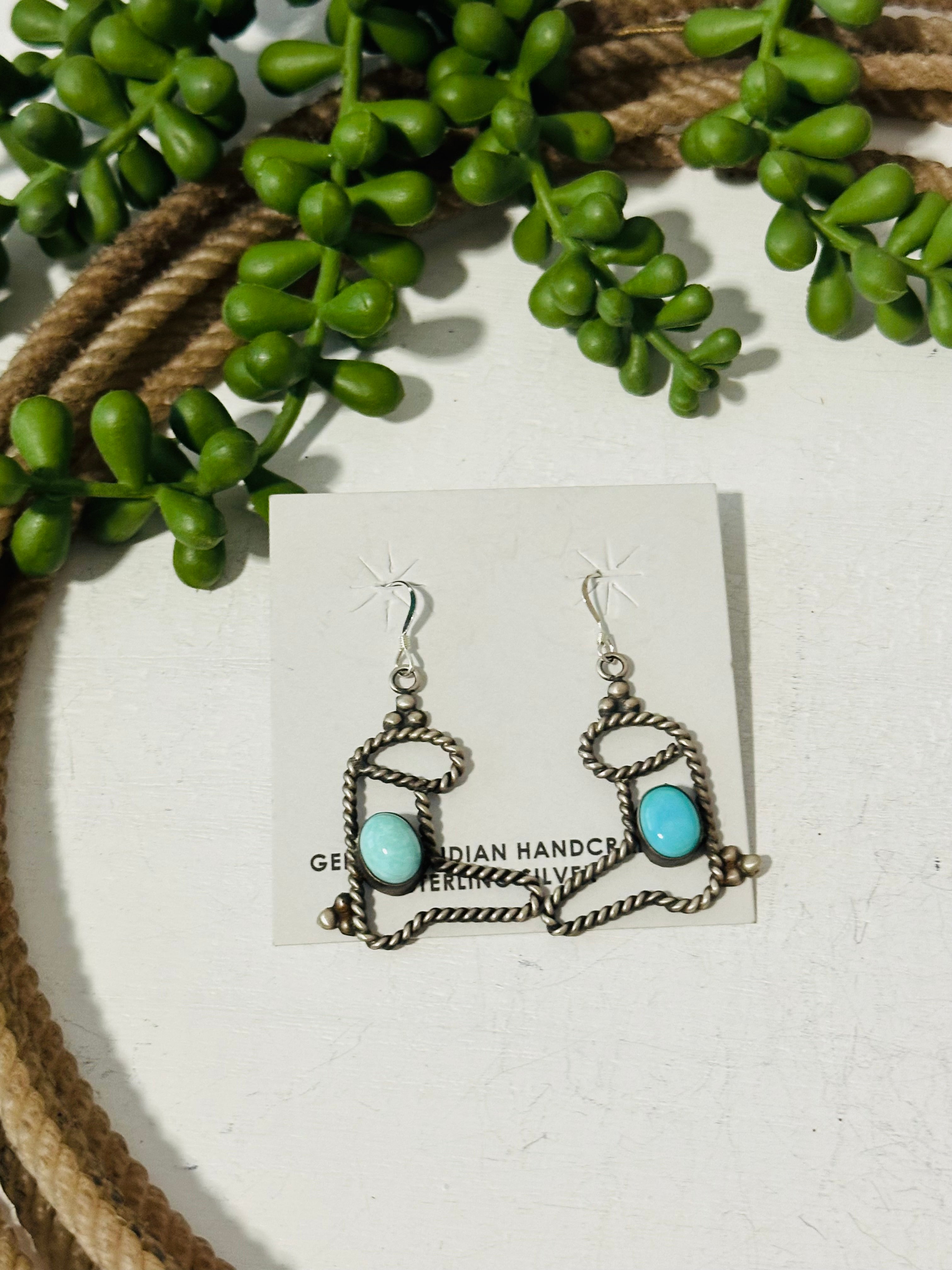 Navajo Made Kingman Turquoise & Sterling Silver Boot Dangle Earrings