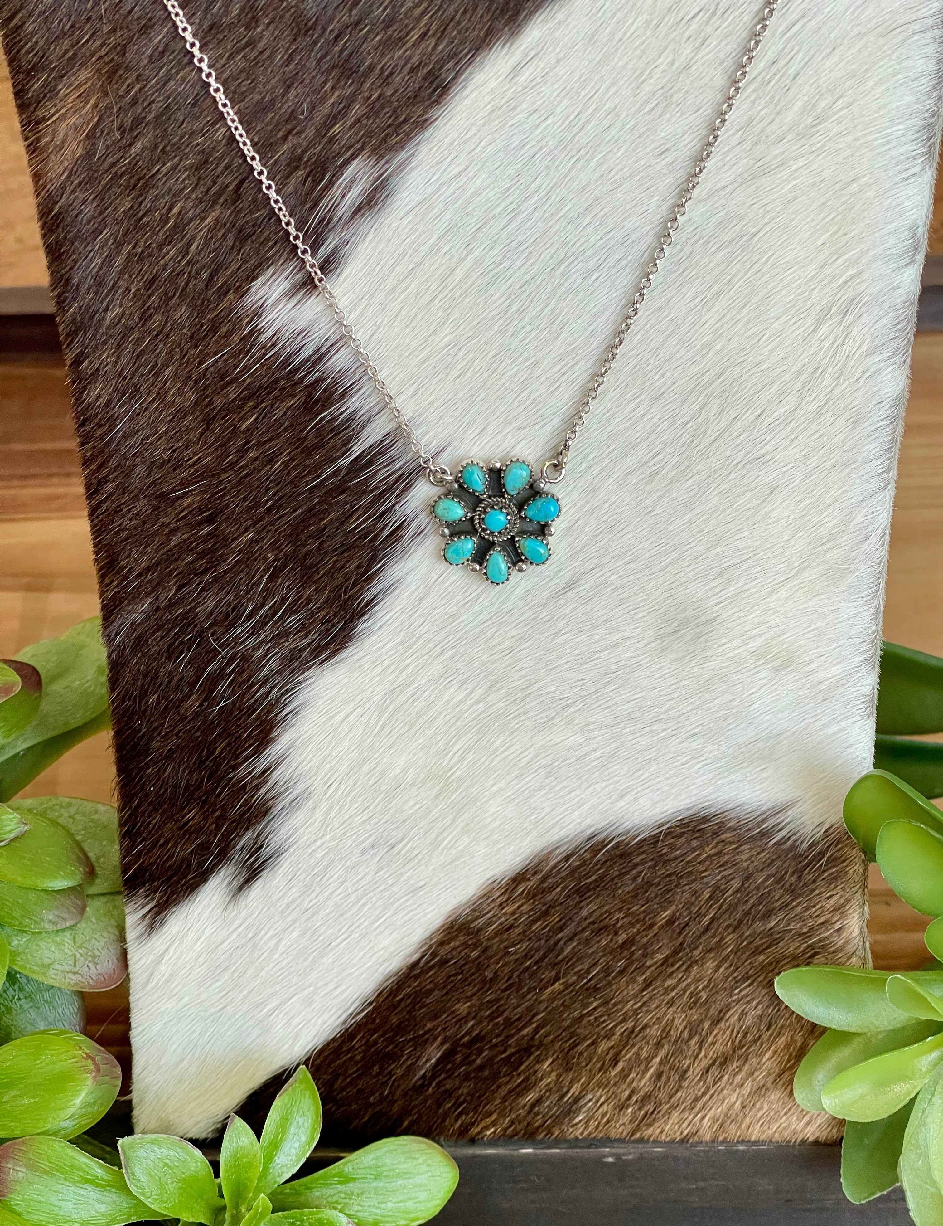 Southwest Handmade Kingman Turquoise & Sterling Silver Cluster Flower Necklace