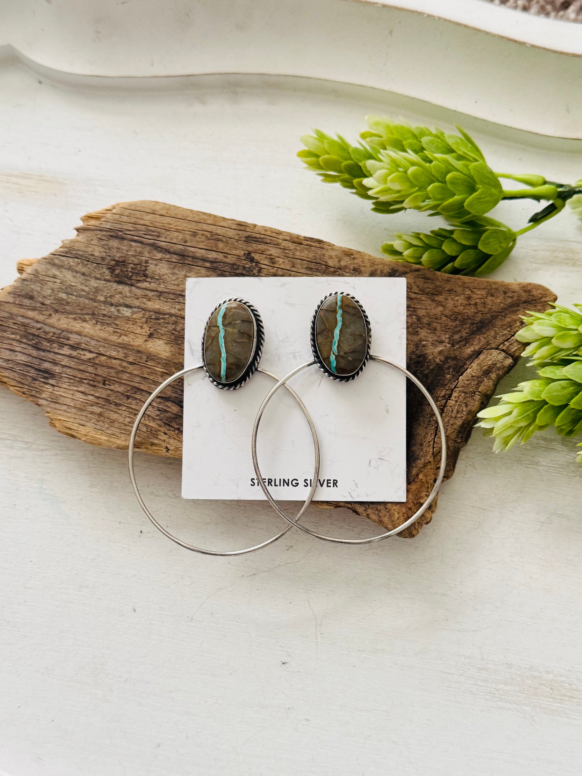 Elouise Kee Ribbon Royston & Sterling Silver Post Dangle Hoop Earrings