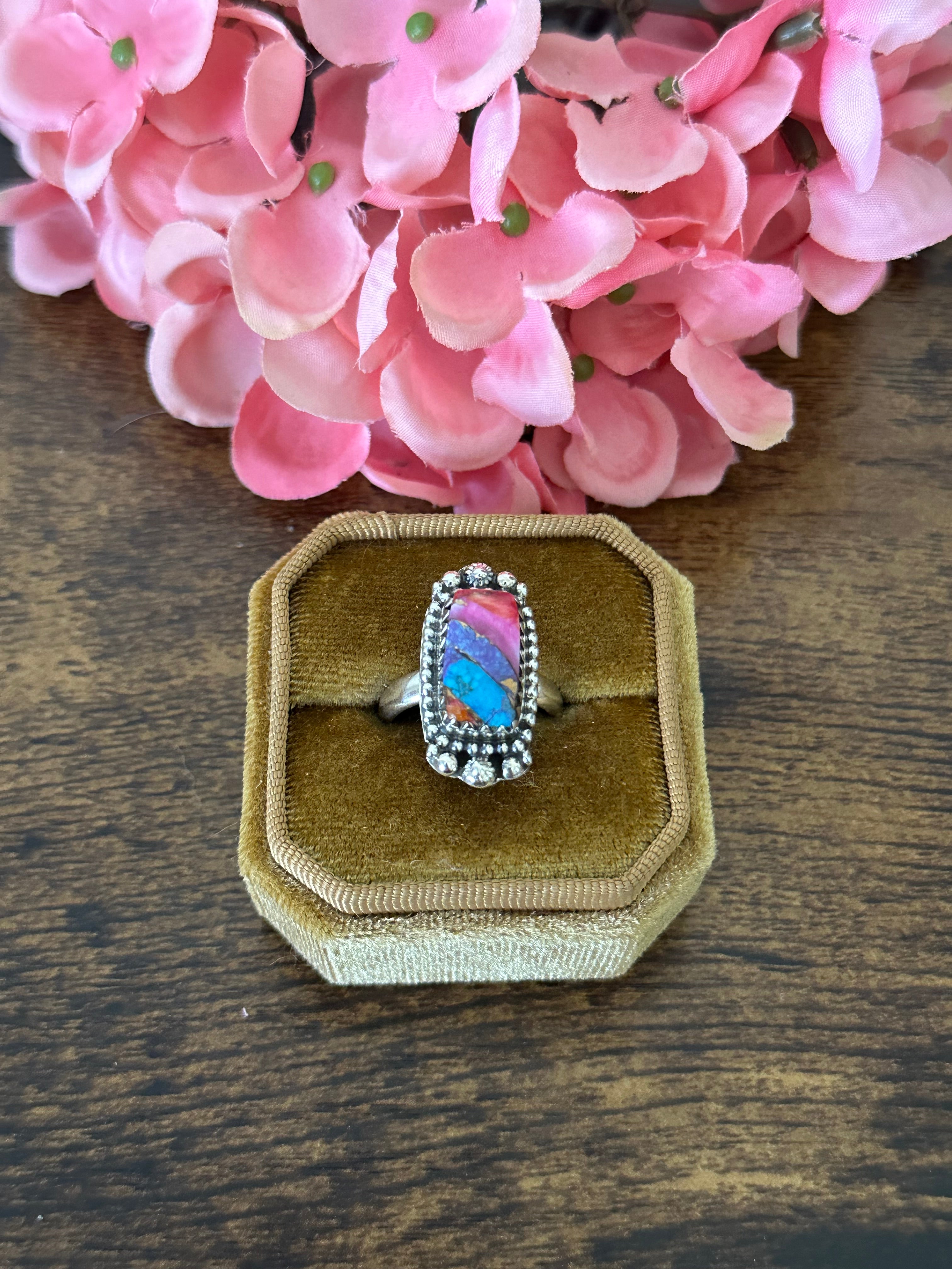 Southwest Handmade Pink Mohave Turquoise & Sterling Silver Ring Size 6.5