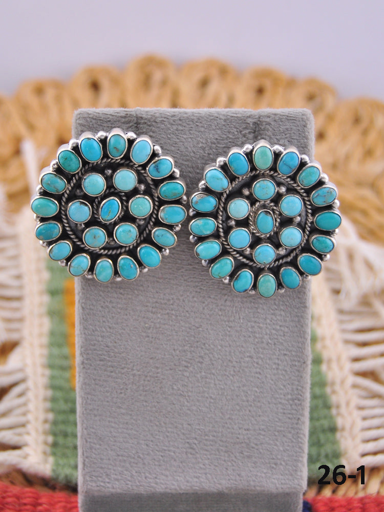 Southwest Handmade Kingman Turquoise & Sterling Silver Post Cluster Earrings