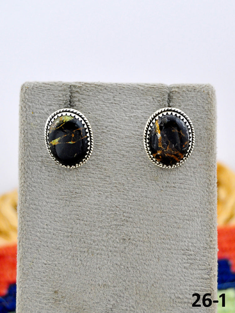 Southwest Made Black Jack Turquoise & Sterling Silver Post Studs Earrings