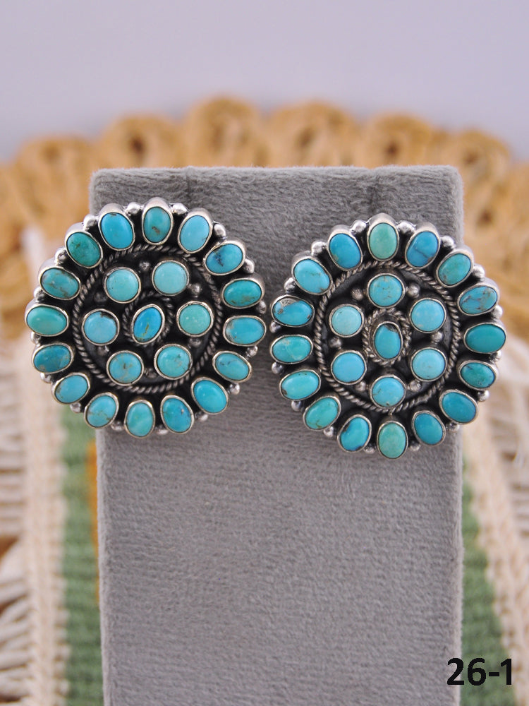 Southwest Handmade Kingman Turquoise & Sterling Silver Post Cluster Earrings