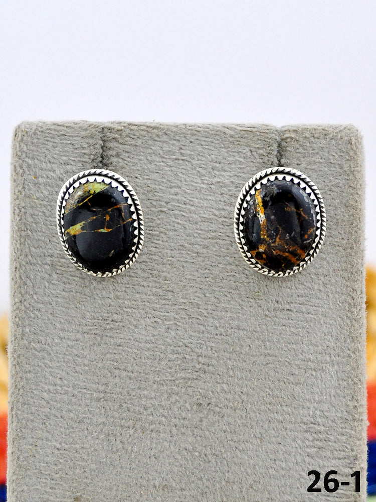 Southwest Made Black Jack Turquoise & Sterling Silver Post Studs Earrings