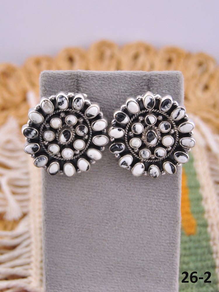 Southwest Handmade White Buffalo & Sterling Silver Post Cluster Earrings