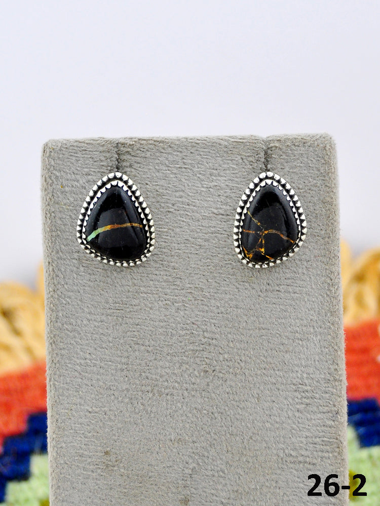 Southwest Made Black Jack Turquoise & Sterling Silver Post Studs Earrings