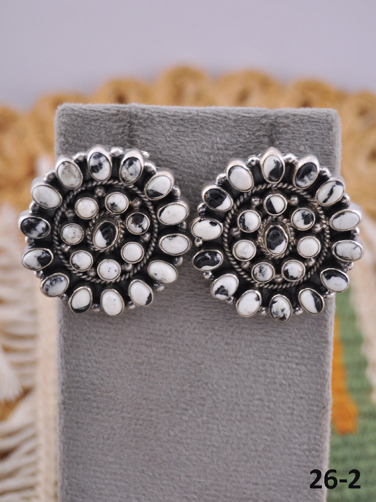 Southwest Handmade White Buffalo & Sterling Silver Post Cluster Earrings