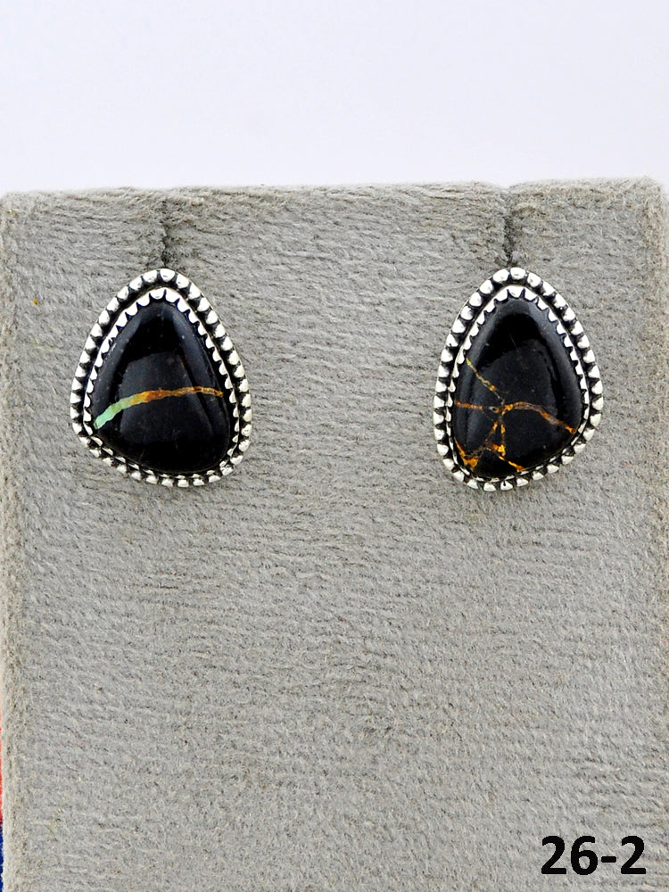 Southwest Made Black Jack Turquoise & Sterling Silver Post Studs Earrings