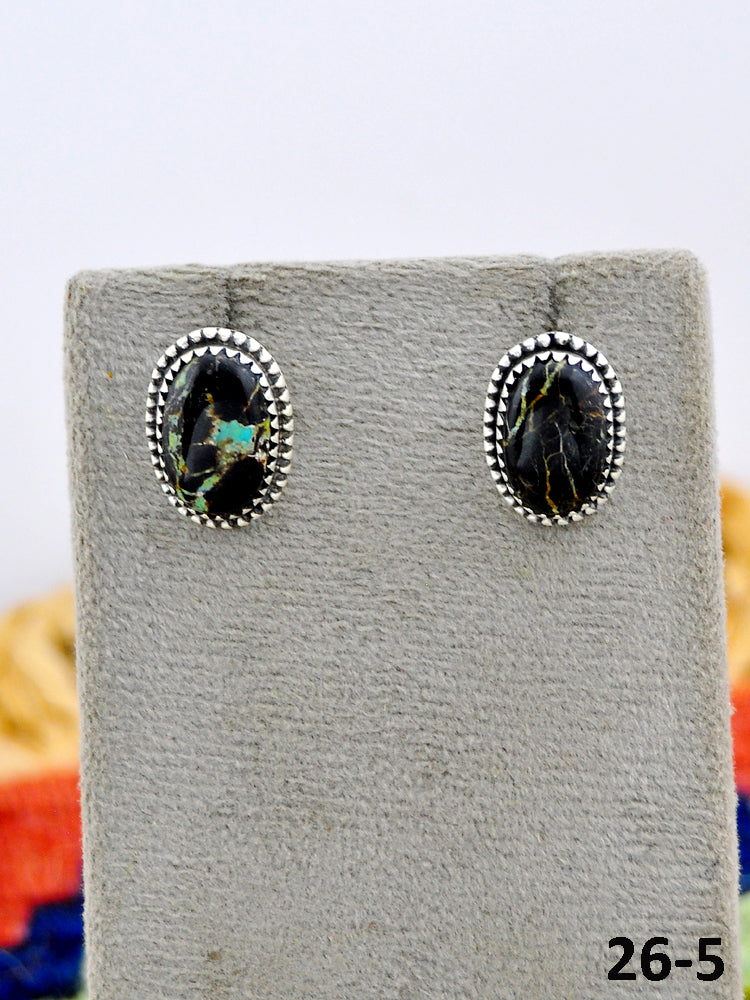 Southwest Made Black Jack Turquoise & Sterling Silver Post Studs Earrings