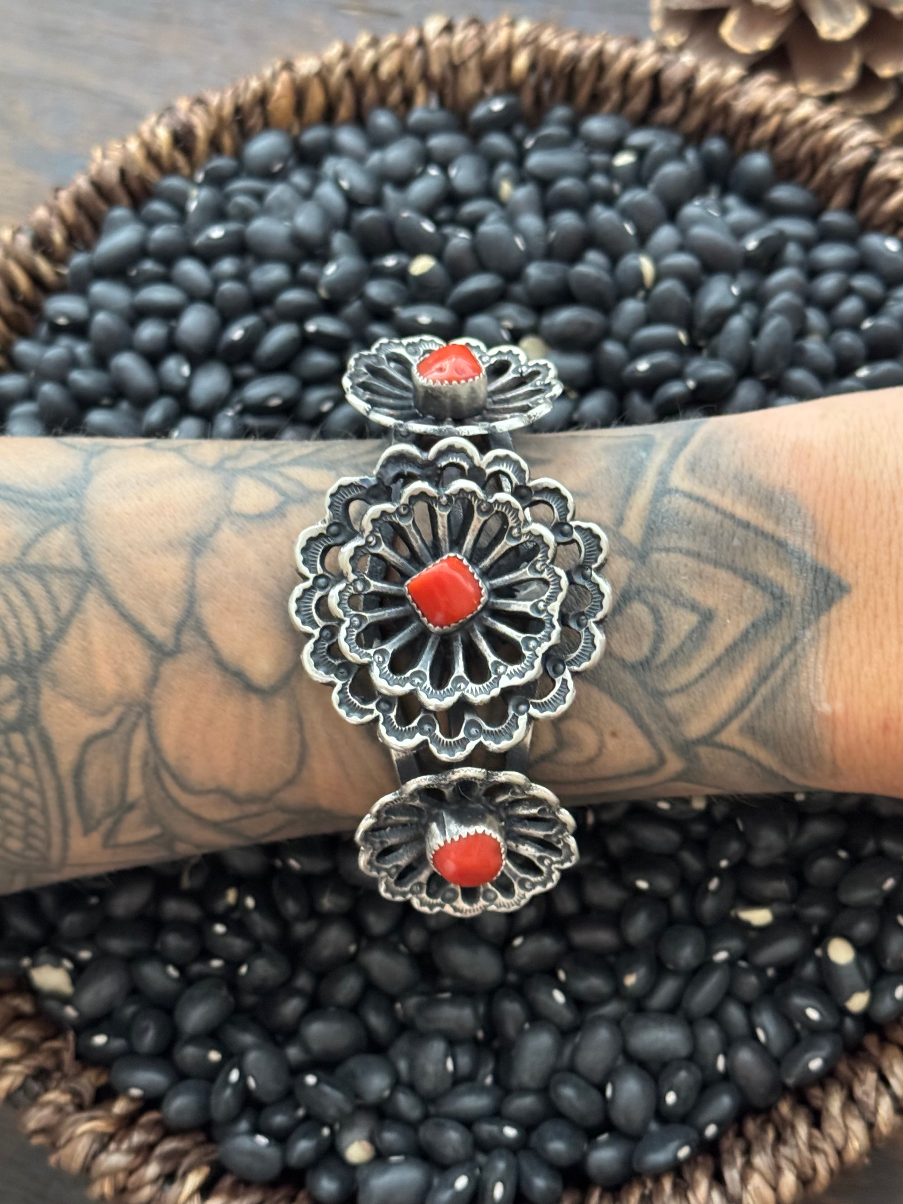 Kindale Billah Mediterranean Coral & Sterling Silver Flower Cuff Bracelet