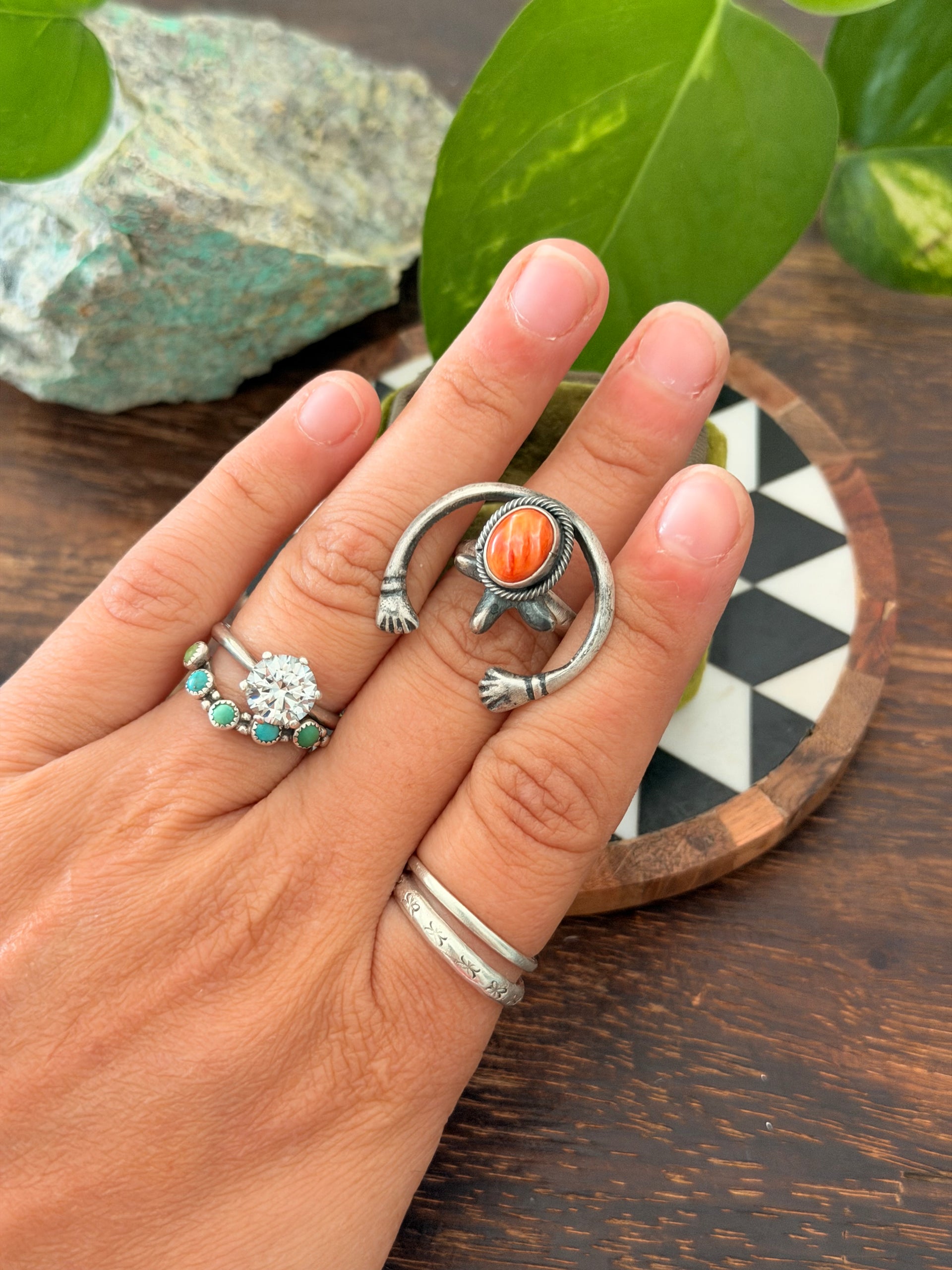 Navajo Made Spiny Oyster & Sterling Silver Naja Ring Size 5.75