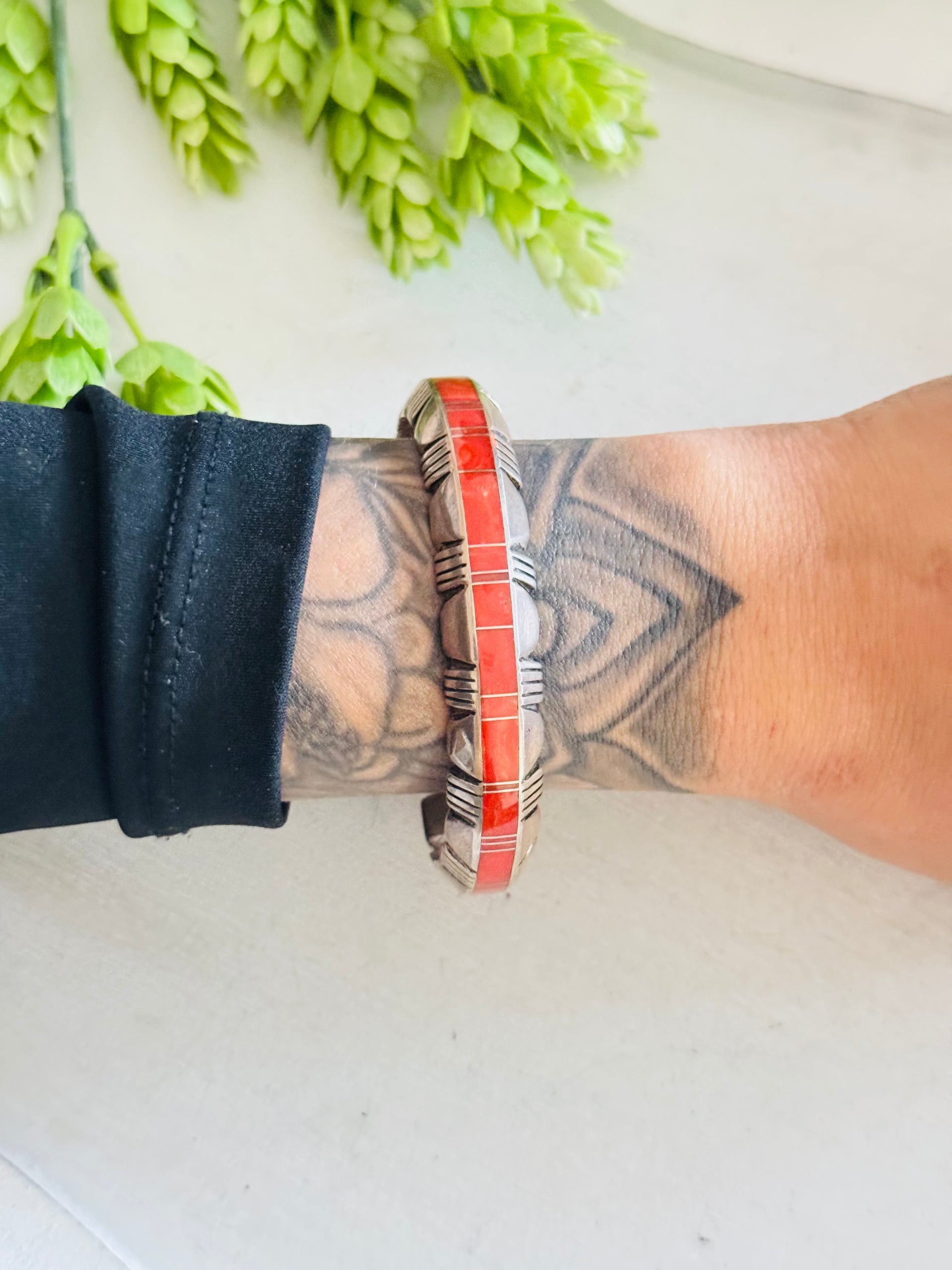 OldPawn Thomas Francisco Red Coral & Sterling Silver Inlay Cuff Bracelet