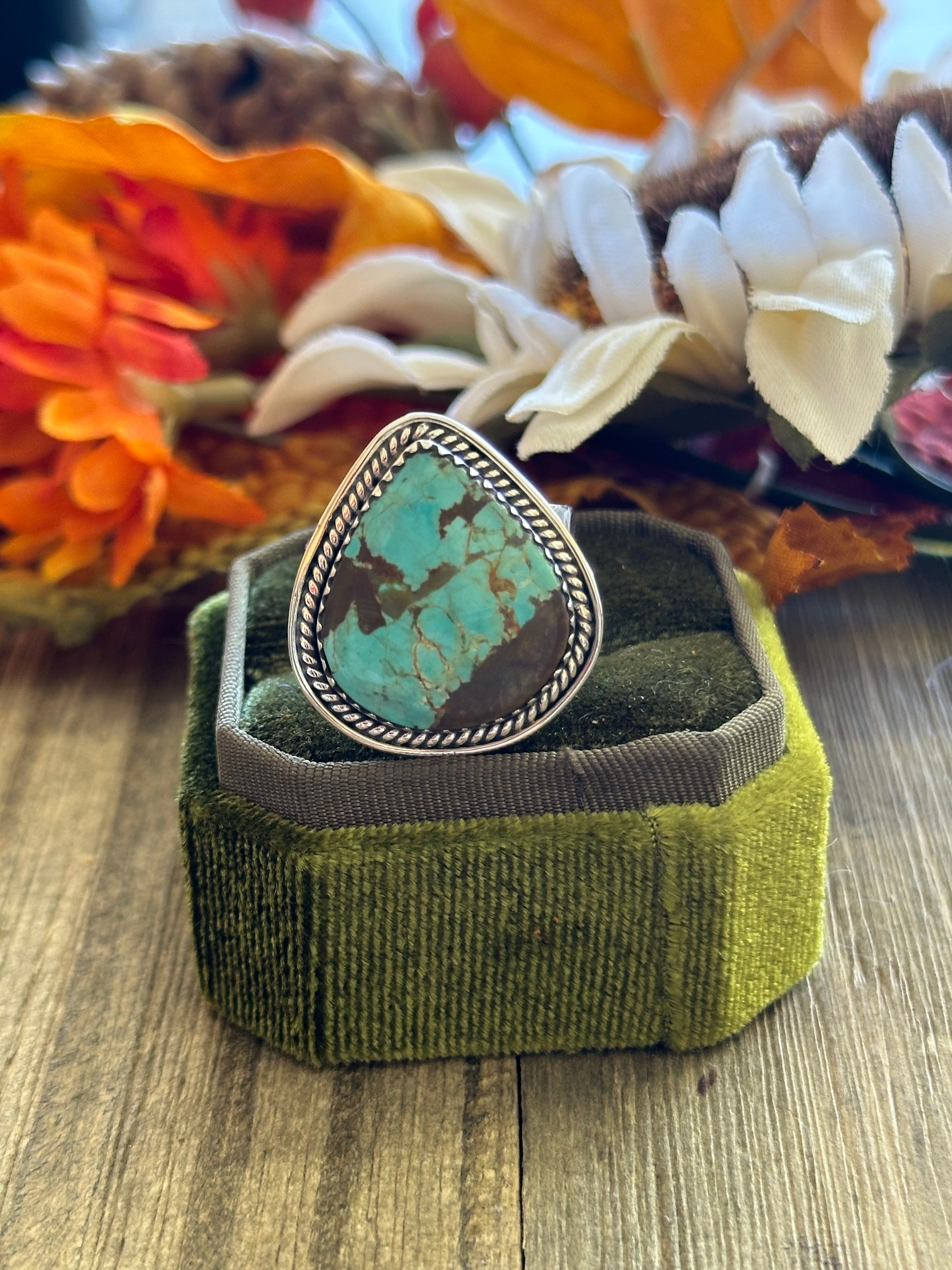 Southwest Handmade #8 Turquoise & Sterling Silver Adjustable Ring