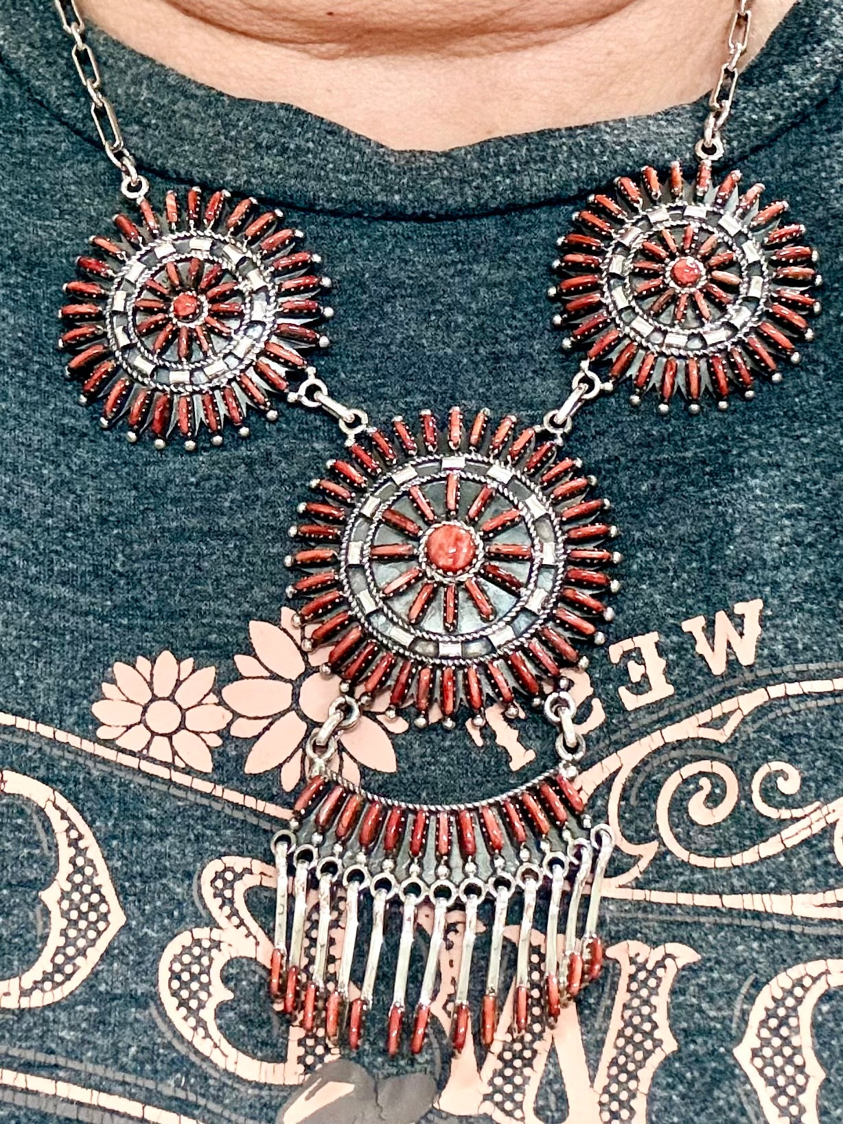 Southwest Coral & Sterling Silver Necklace Set
